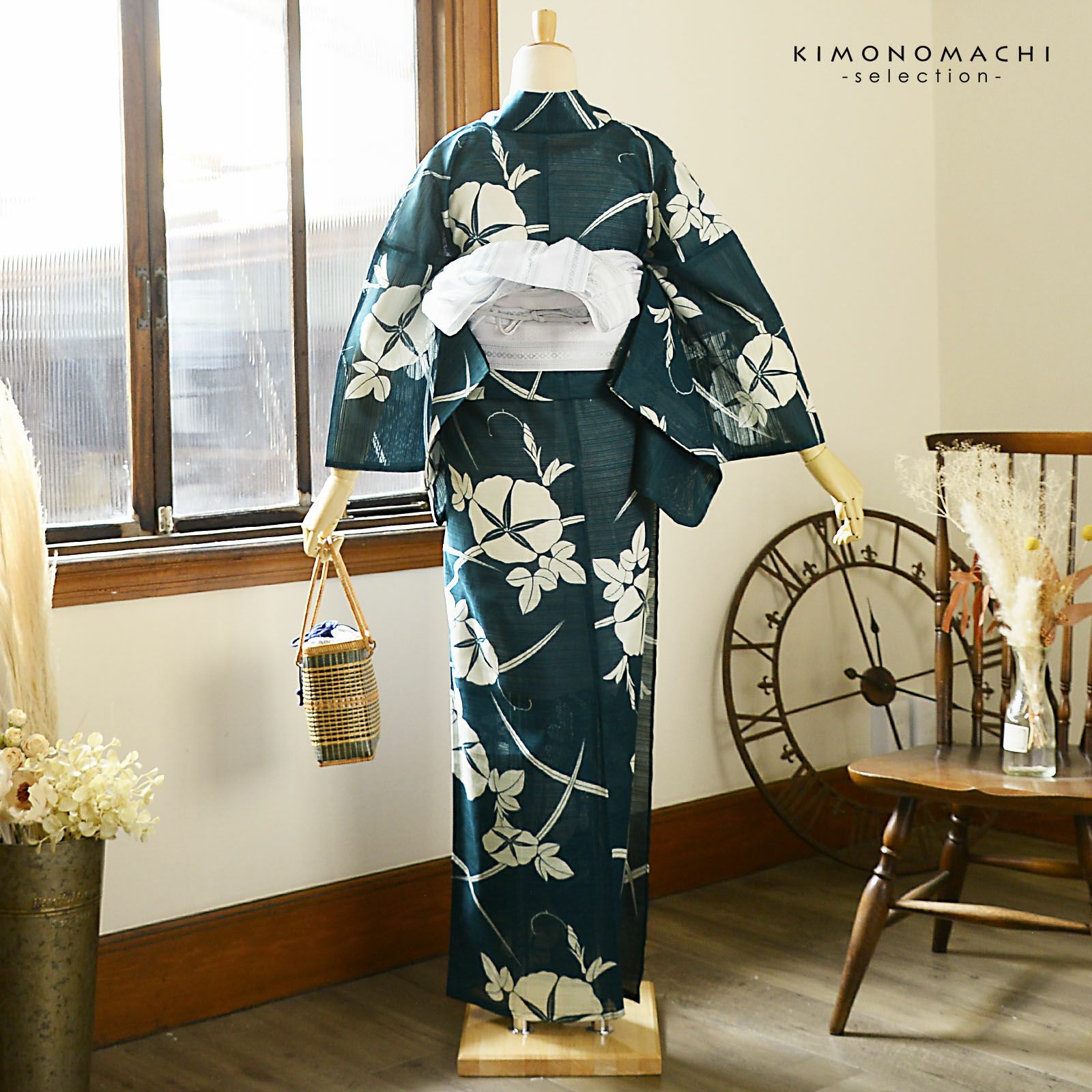 浴衣 レディース 単品 お仕立て上がり浴衣 綿絽浴衣「朝顔 緑青」F