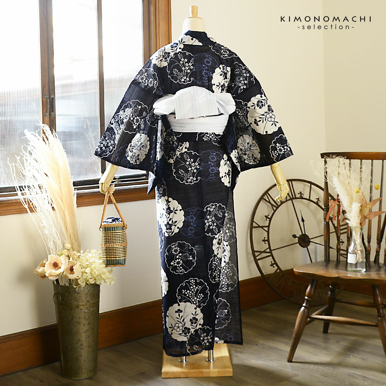 浴衣 レディース 単品 お仕立て上がり浴衣 綿絽浴衣「雪輪、秋草 濃紺