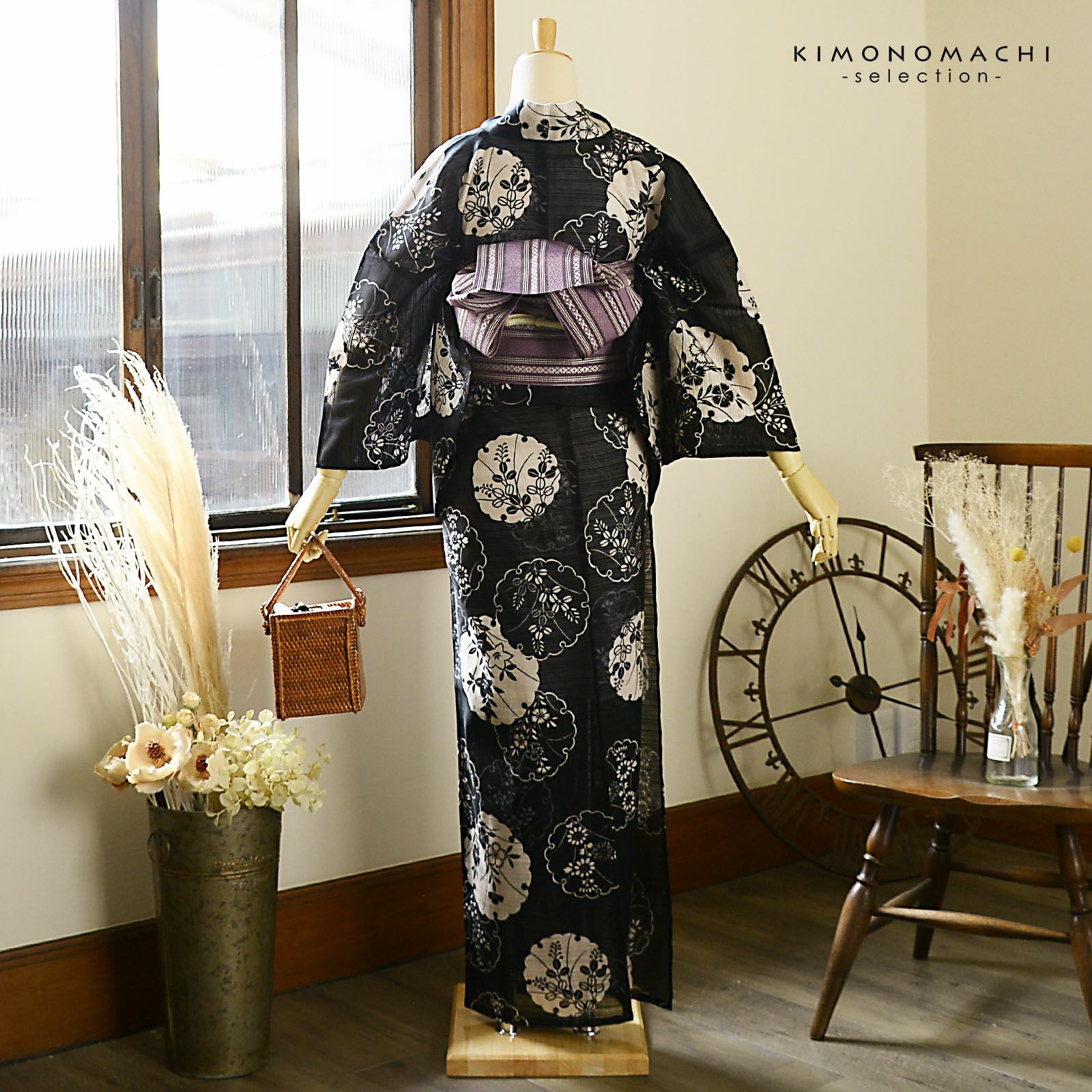 ◆最高級【綿絽浴衣】古典黒雪繋ぎの七宝涼しゆかた◆着物としても着用可◆新品 浴衣 レディース 単品 お仕立て上がり浴衣 綿絽浴衣「雪輪、秋草 黒」F