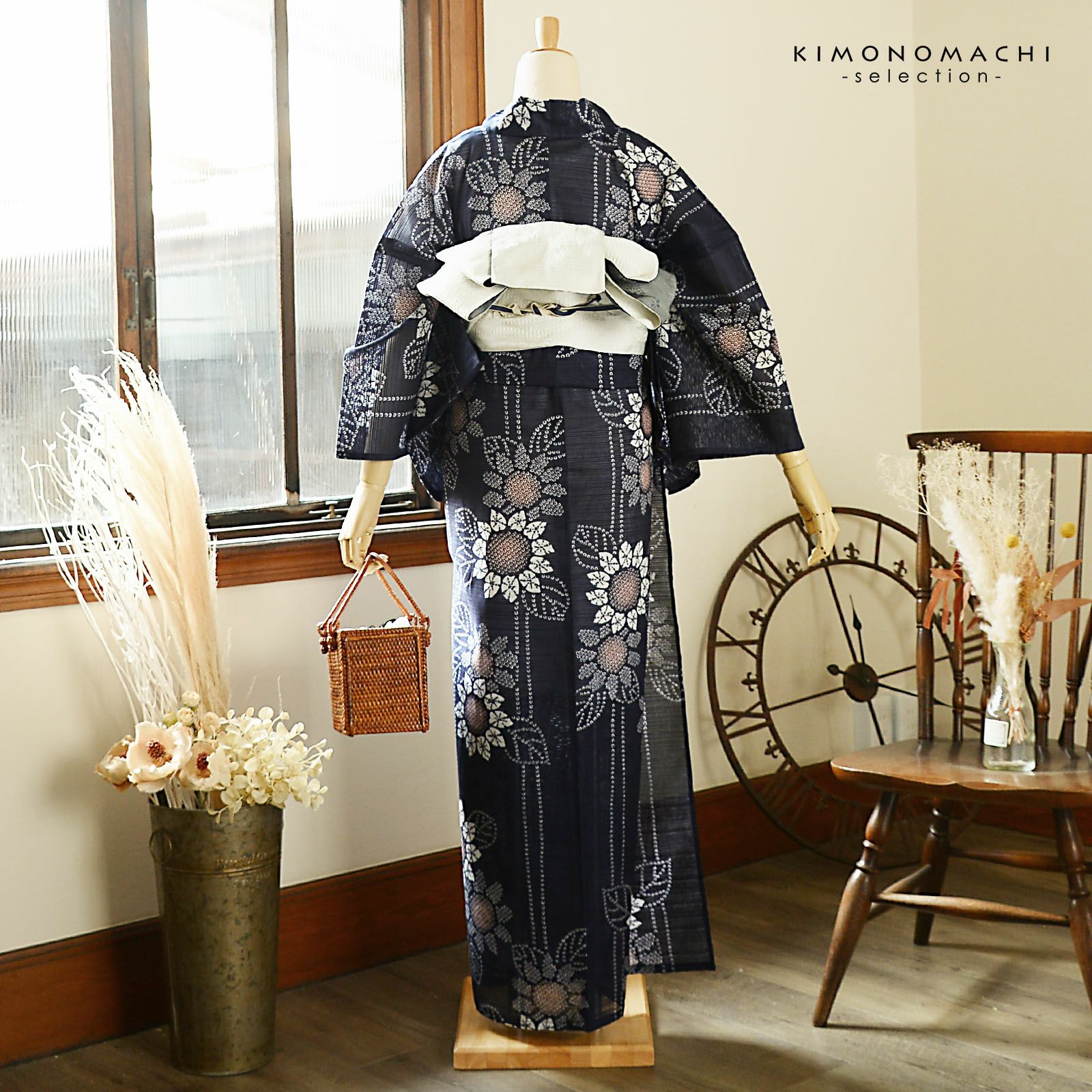 浴衣 レディース 単品 お仕立て上がり浴衣 綿絽浴衣「絞り風ひまわり