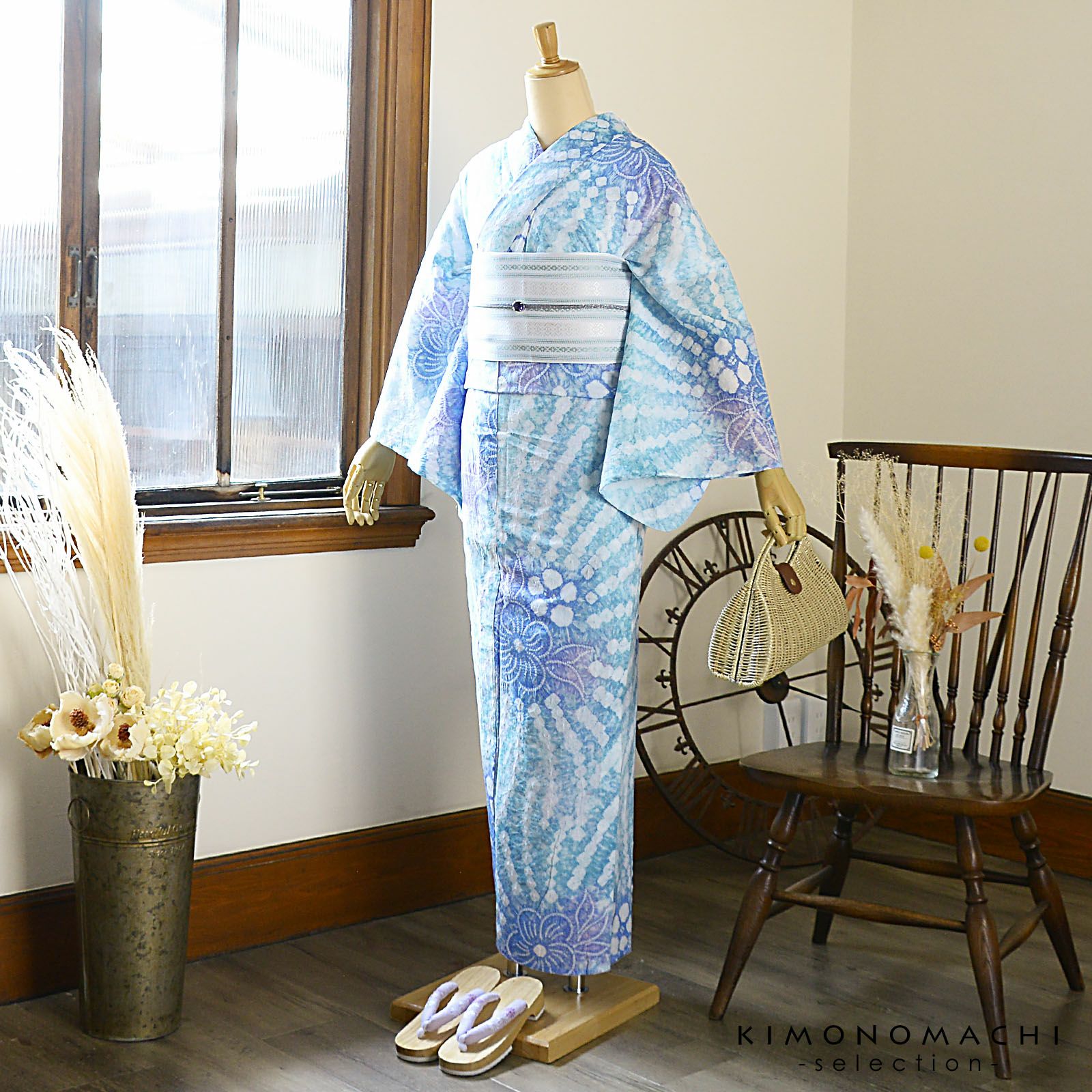 浴衣 絞り 絞り浴衣 藍 白 赤 黄 花デザイン 仕立て上がり 夏物 女性用ゆかた 綿100% レディース 夏祭り 花火大会 身丈149.5cm 【キモノオフ野々市若松店】 お仕立て上がり絞り浴衣単品「古織部、ねじ花 水色×青藤色」有松絞り
