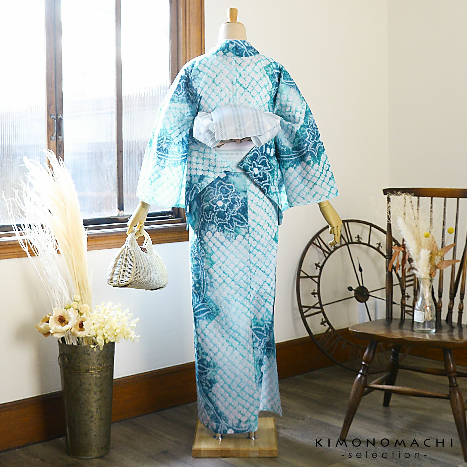 お仕立て上がり絞り浴衣単品「古織部、唐花 水色×花浅葱」有松絞り