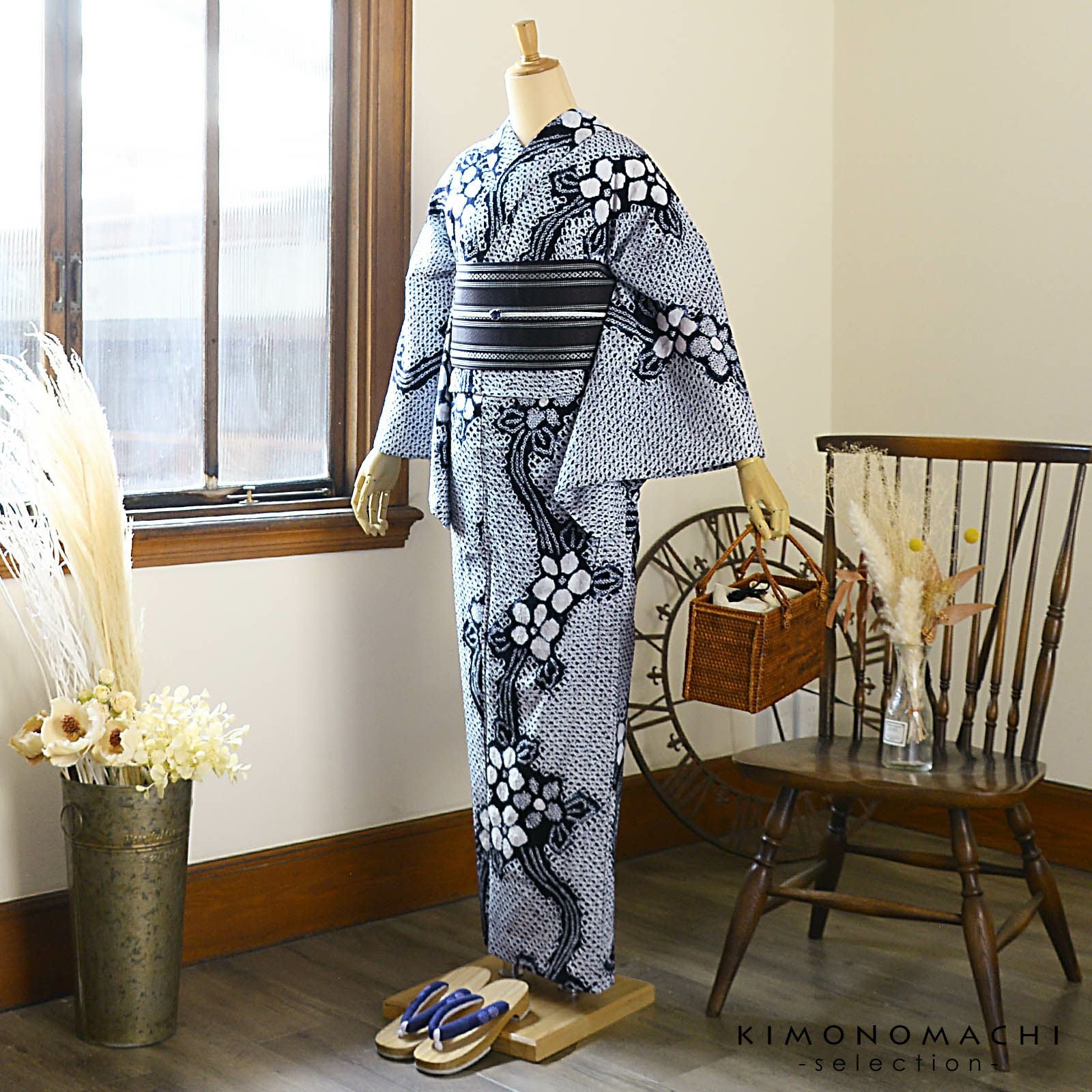 お仕立て上がり絞り浴衣単品「有松三浦、日日草 濃紺」有松絞り 女性