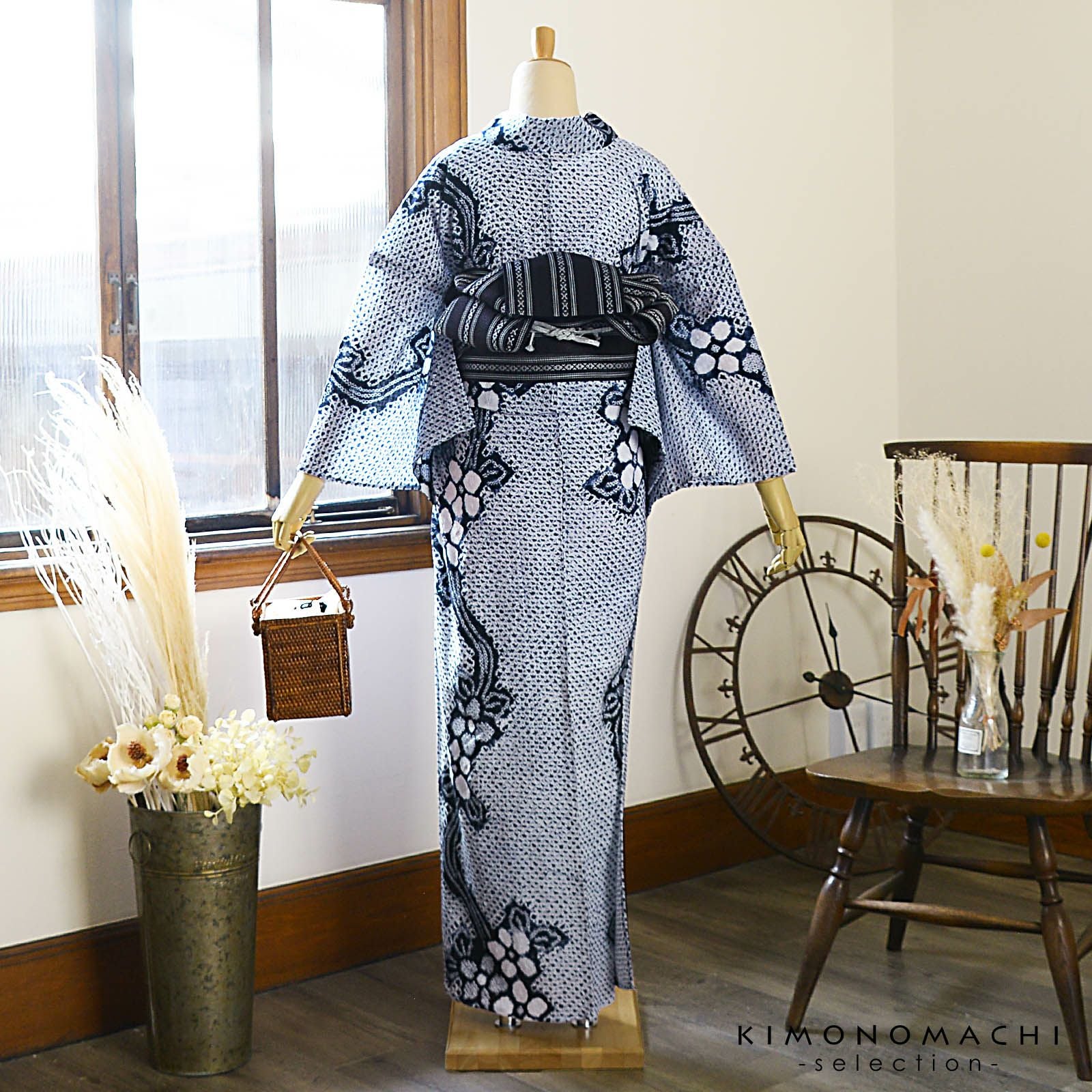 お仕立て上がり絞り浴衣単品「有松三浦、日日草 濃紺」有松絞り 女性