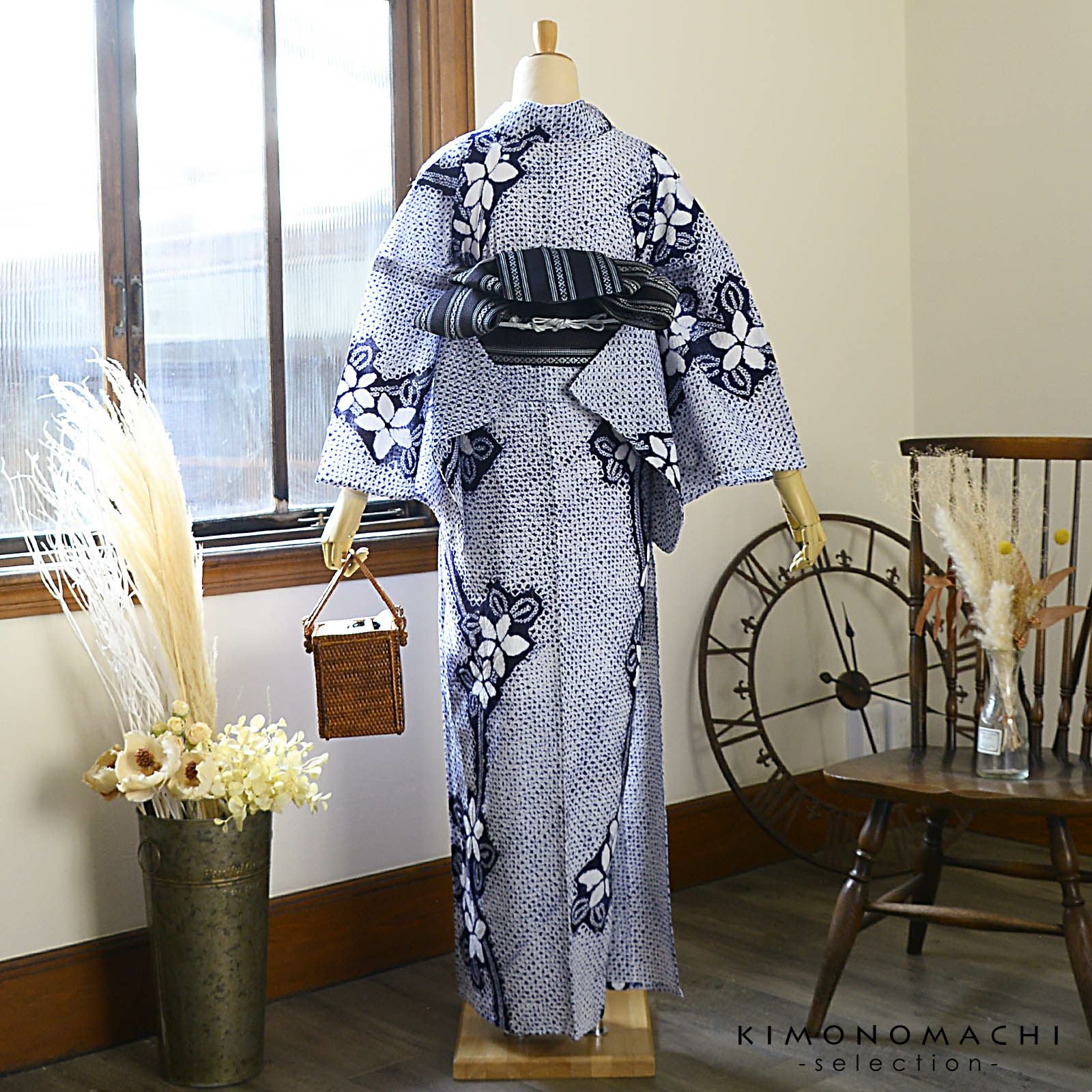 お仕立て上がり絞り浴衣単品「有松三浦、お花 濃紺」有松絞り 女性浴衣