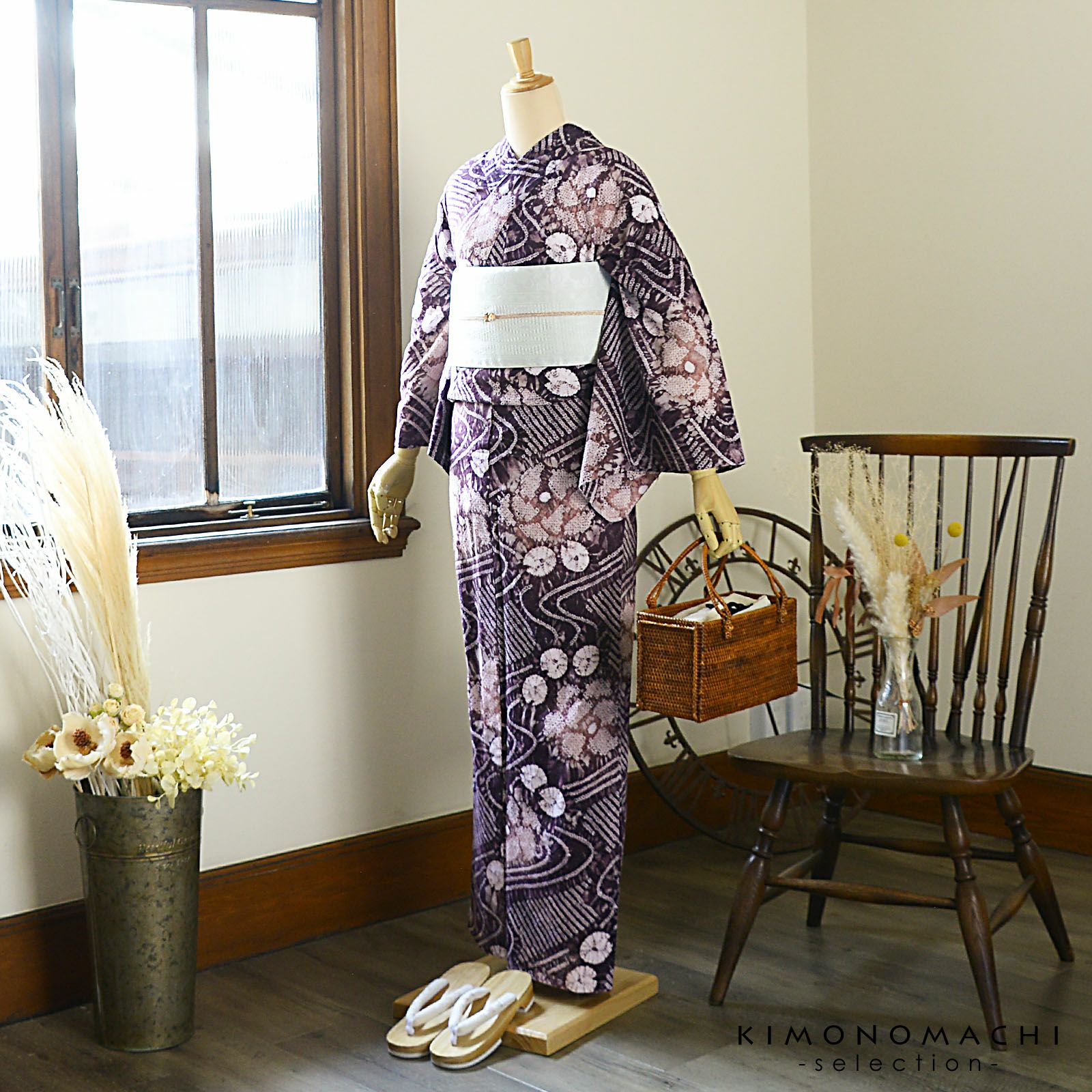 お仕立て上がり絞り浴衣単品「流水に花 紫根色（天竺）」有松絞り 女性