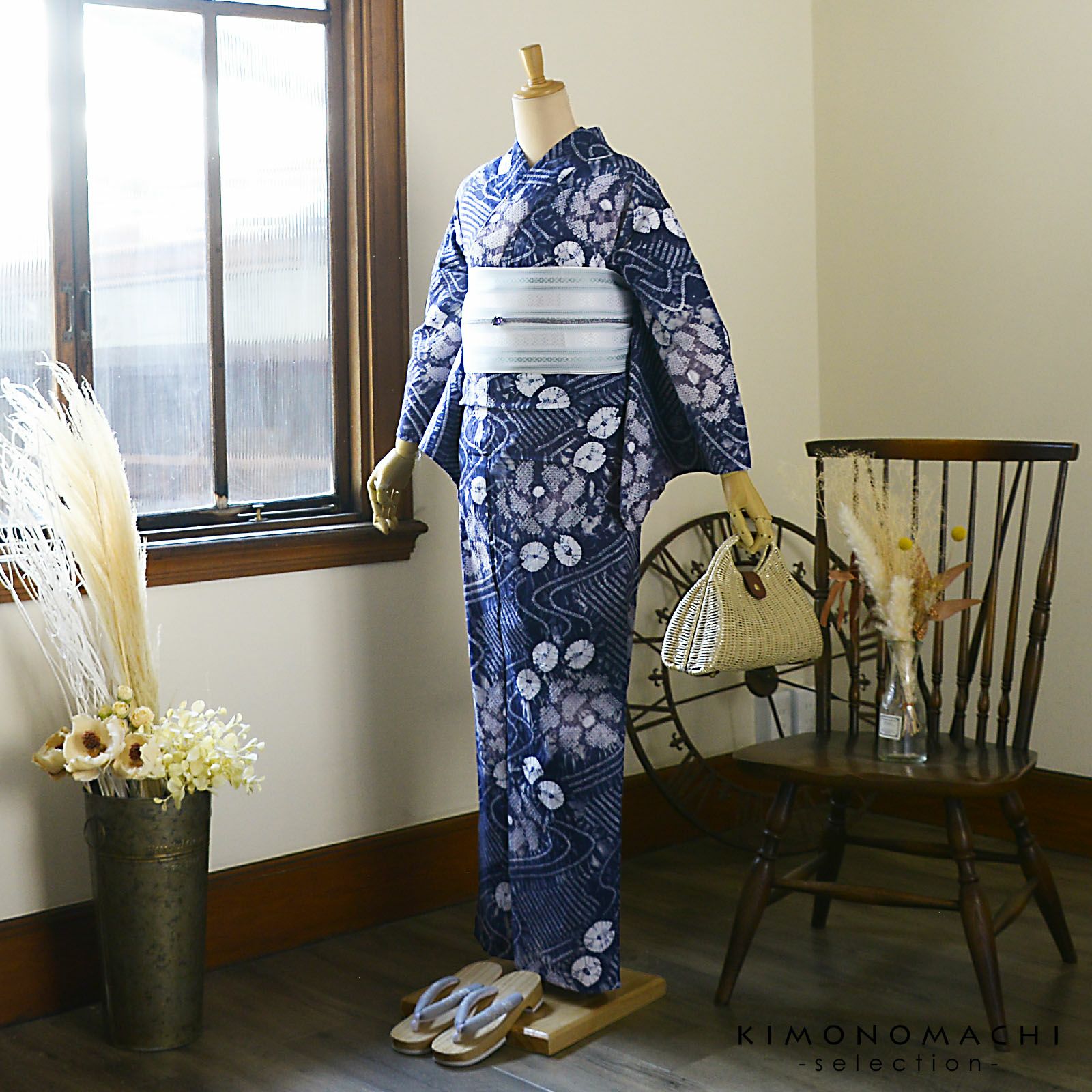 お仕立て上がり絞り浴衣単品「流水に花 群青色（天竺）」有松絞り 女性
