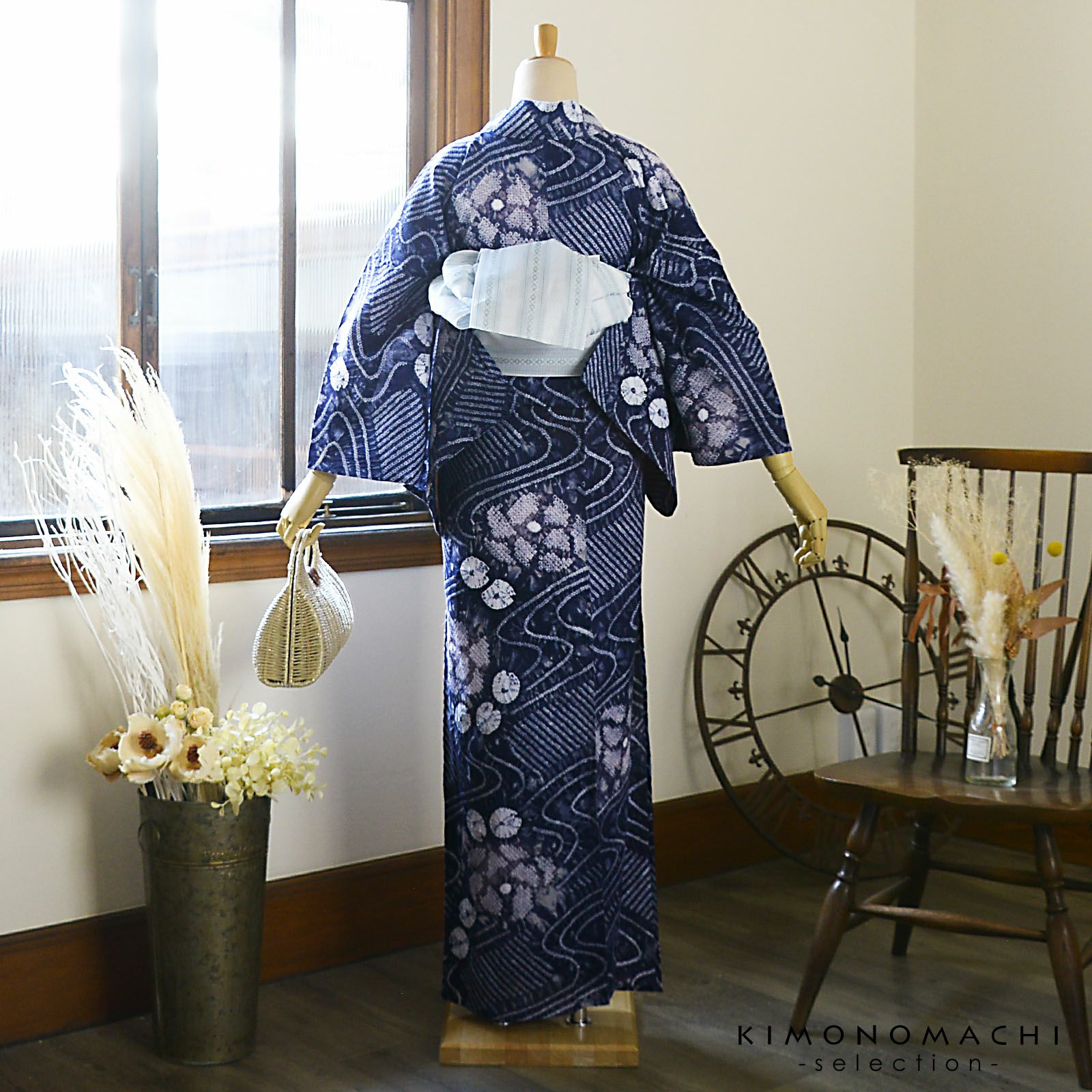 A絞り高級浴衣 辻け花 綿レディース浴衣単品 お仕立て お仕立て上がり絞り浴衣単品「流水に花 群青色（天竺）」有松絞り 女性