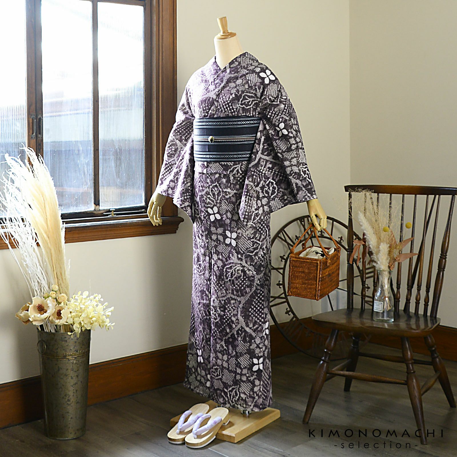 お仕立て上がり絞り浴衣単品「唐草に花 滅紫色（明媚）」有松絞り 女性