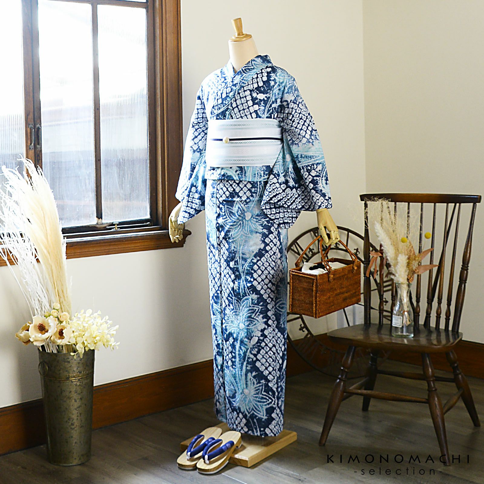 お仕立て上がり絞り浴衣単品「二輪草 群青色」有松絞り 女性浴衣単品