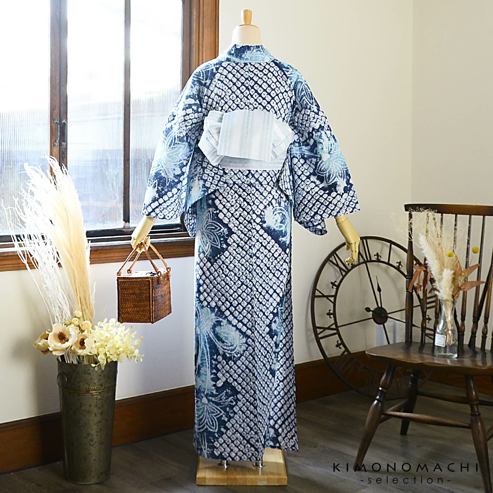 お仕立て上がり絞り浴衣単品「二輪草 群青色」有松絞り 女性浴衣単品