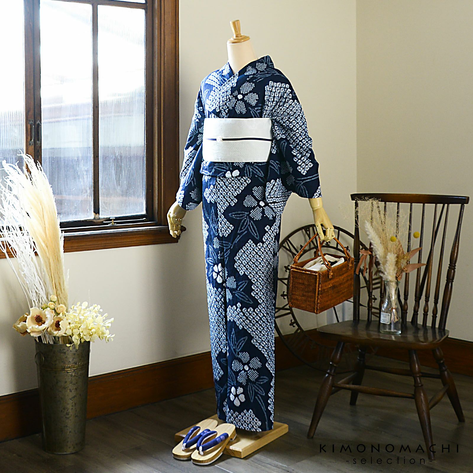 お仕立て上がり絞り浴衣単品「五弁花 濃紺（福豊）」有松絞り 女性浴衣