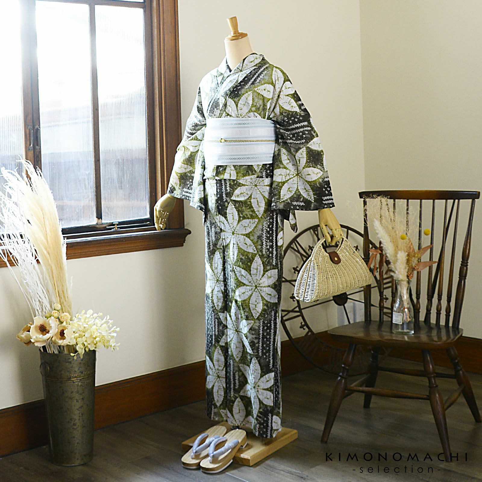 お仕立て上がり絞り浴衣単品「六花 利休緑」有松絞り 女性浴衣単品