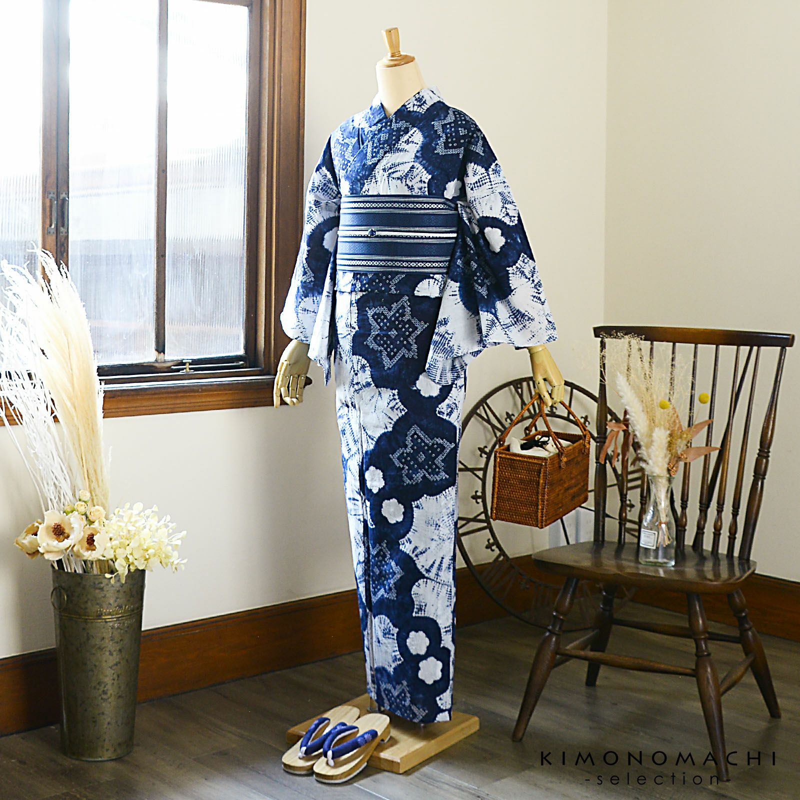 お仕立て上がり絞り浴衣単品「花 紺色（梵天）」有松絞り 女性浴衣単品