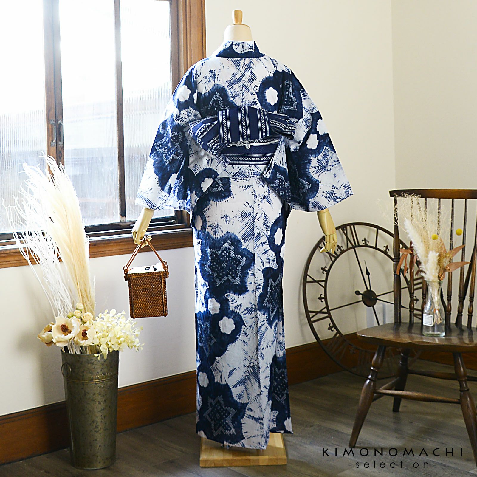 お仕立て上がり絞り浴衣単品「花 紺色（梵天）」有松絞り 女性浴衣単品