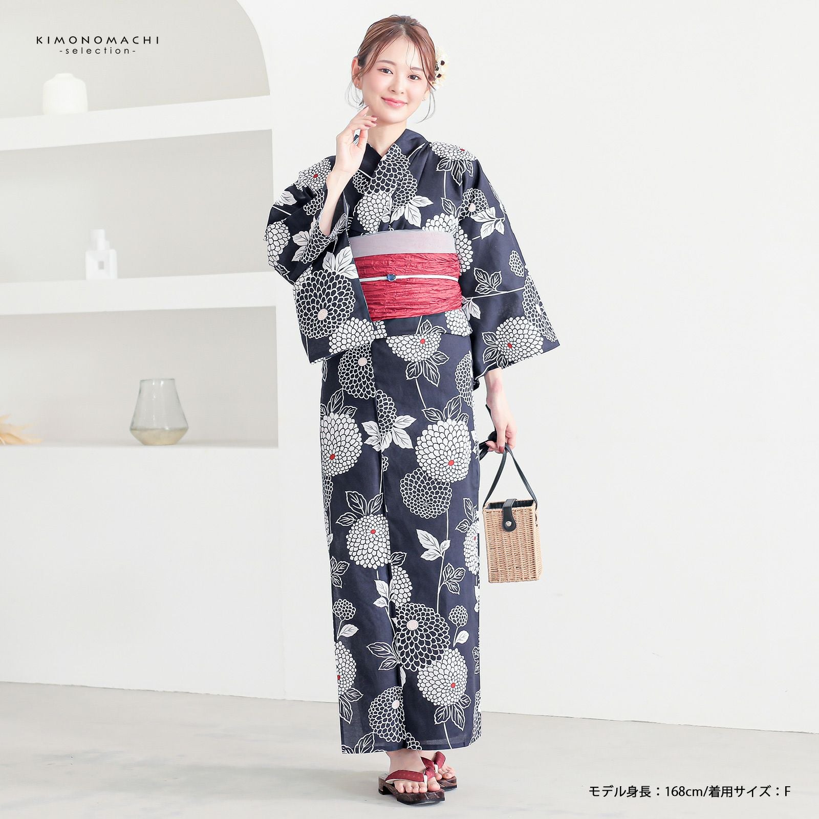 浴衣 レディース 女性浴衣 単品「濃紺 鞠菊」Fサイズ 綿浴衣 プレタ