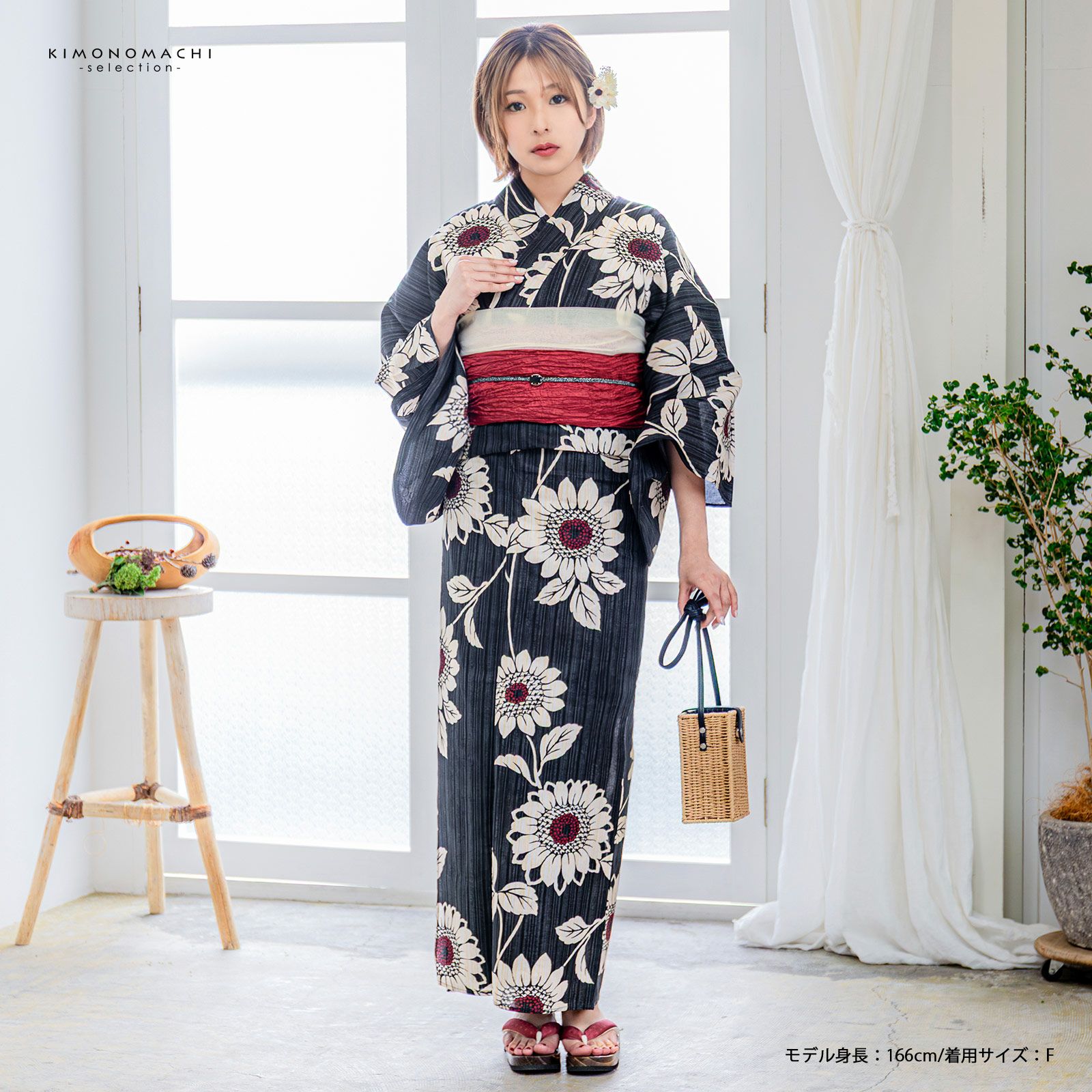 浴衣 レディース 女性浴衣 単品「黒×生成り 向日葵」Fサイズ 綿浴衣
