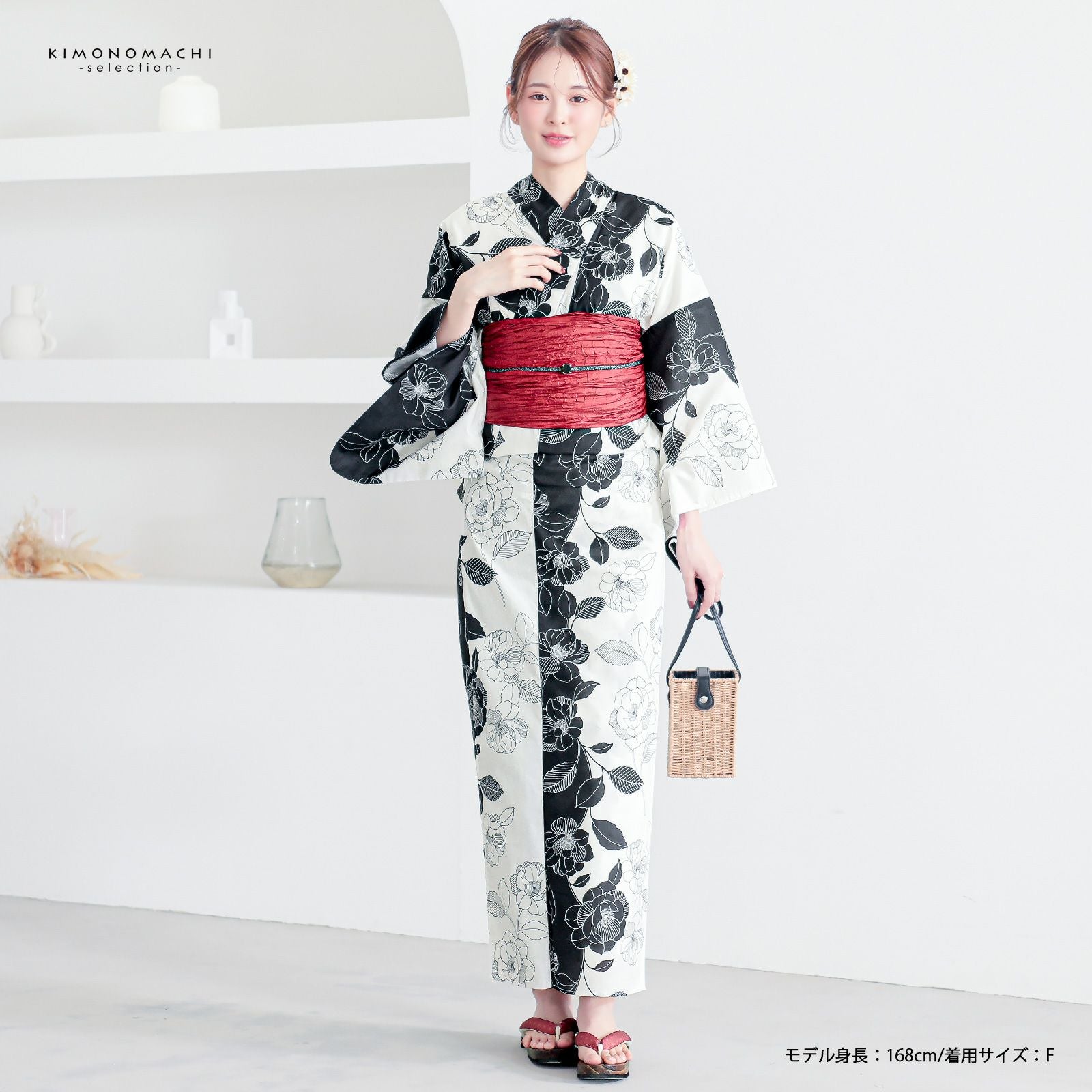 浴衣 レディース 女性浴衣 単品「黒×アイボリー 野ばら」Fサイズ 綿