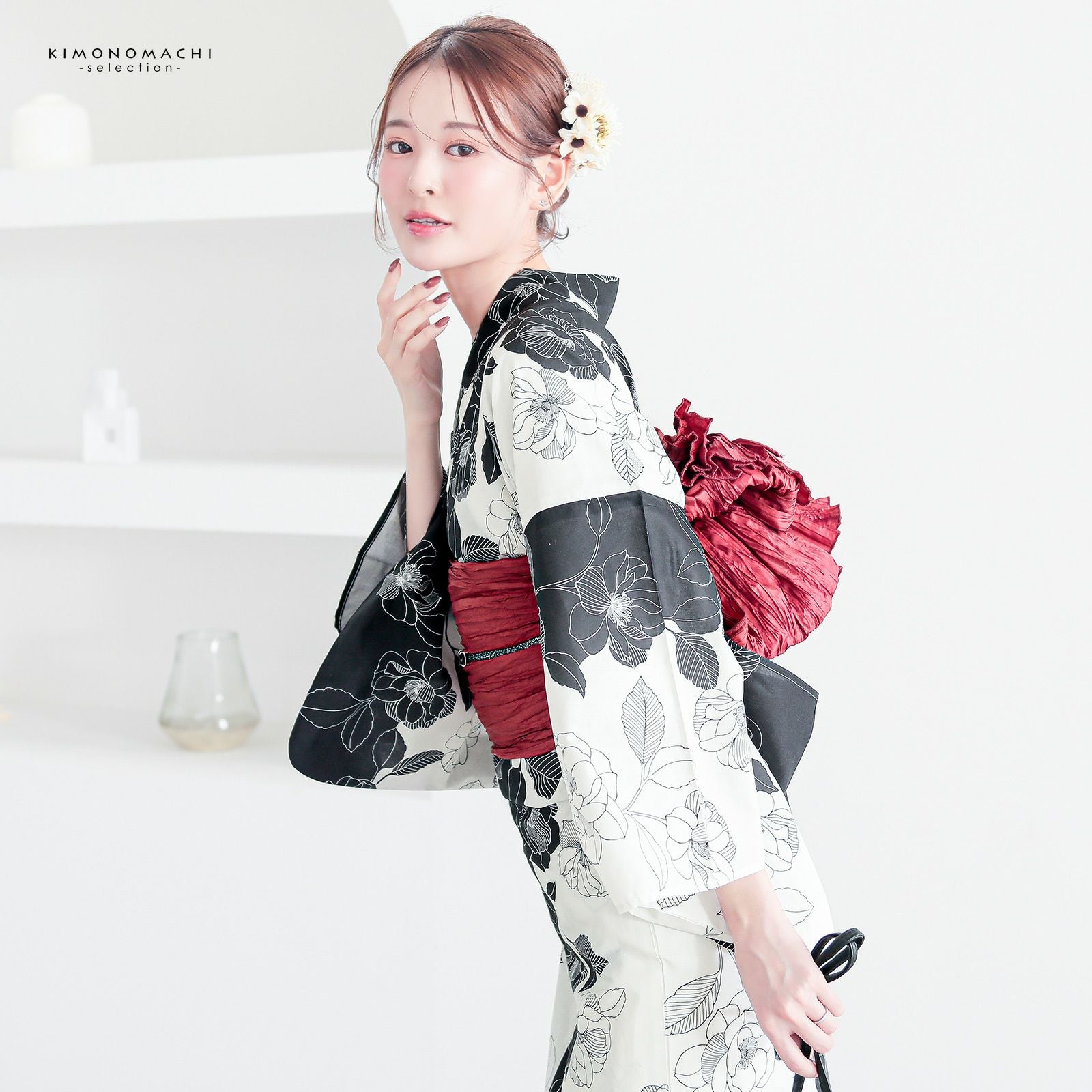 浴衣 レディース 女性浴衣 単品「黒×アイボリー 野ばら」Fサイズ 綿