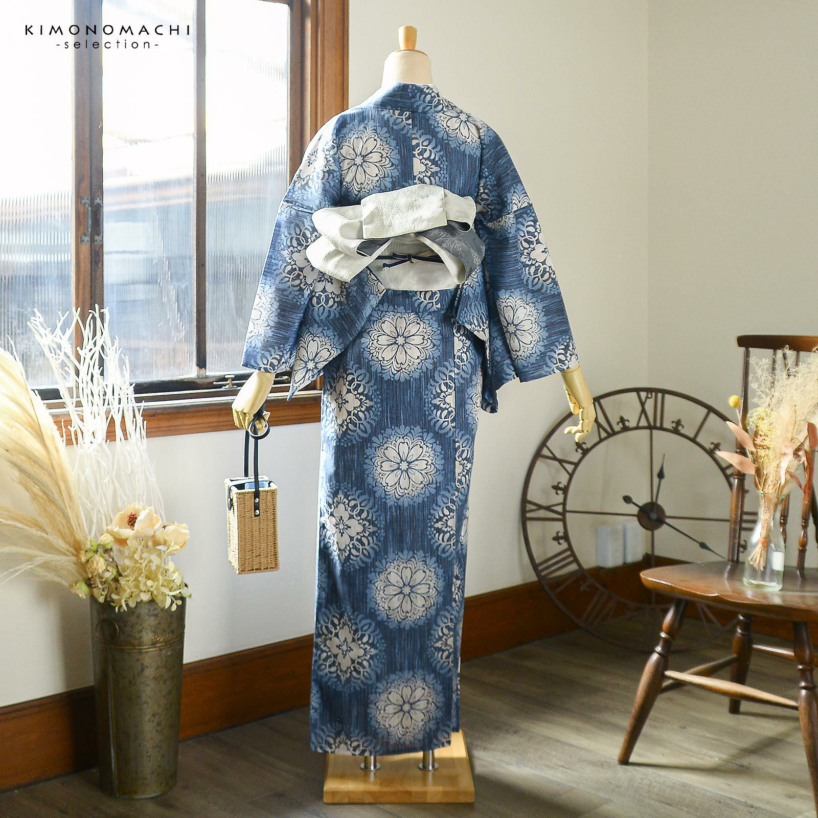 ブランド浴衣単品 和つう レディース 浴衣 単品「ブルー、絣調 唐花」F