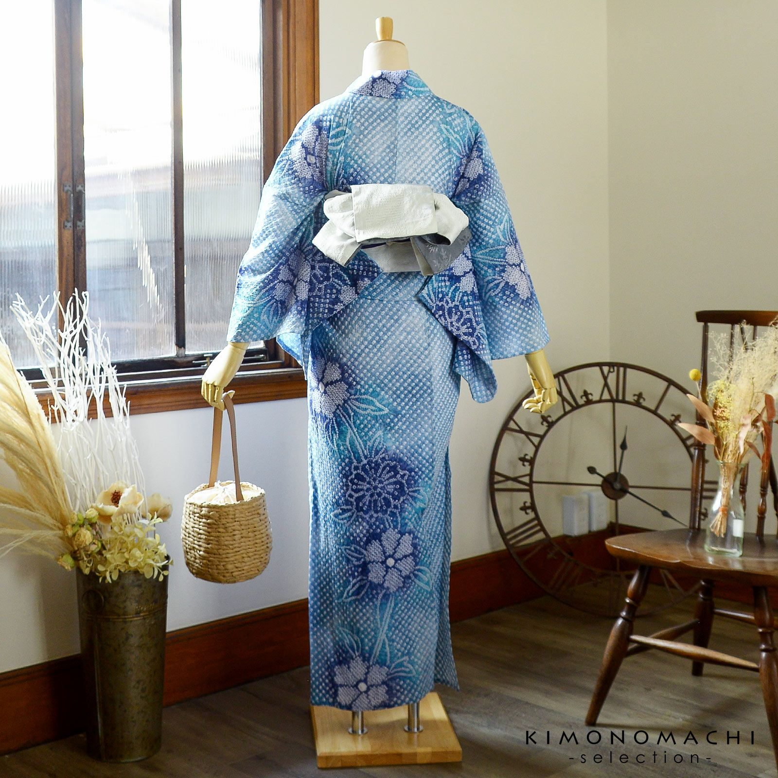お仕立て上がり絞り浴衣単品 花しぼり「晴天 薄青×藍色」有松絞り 女性