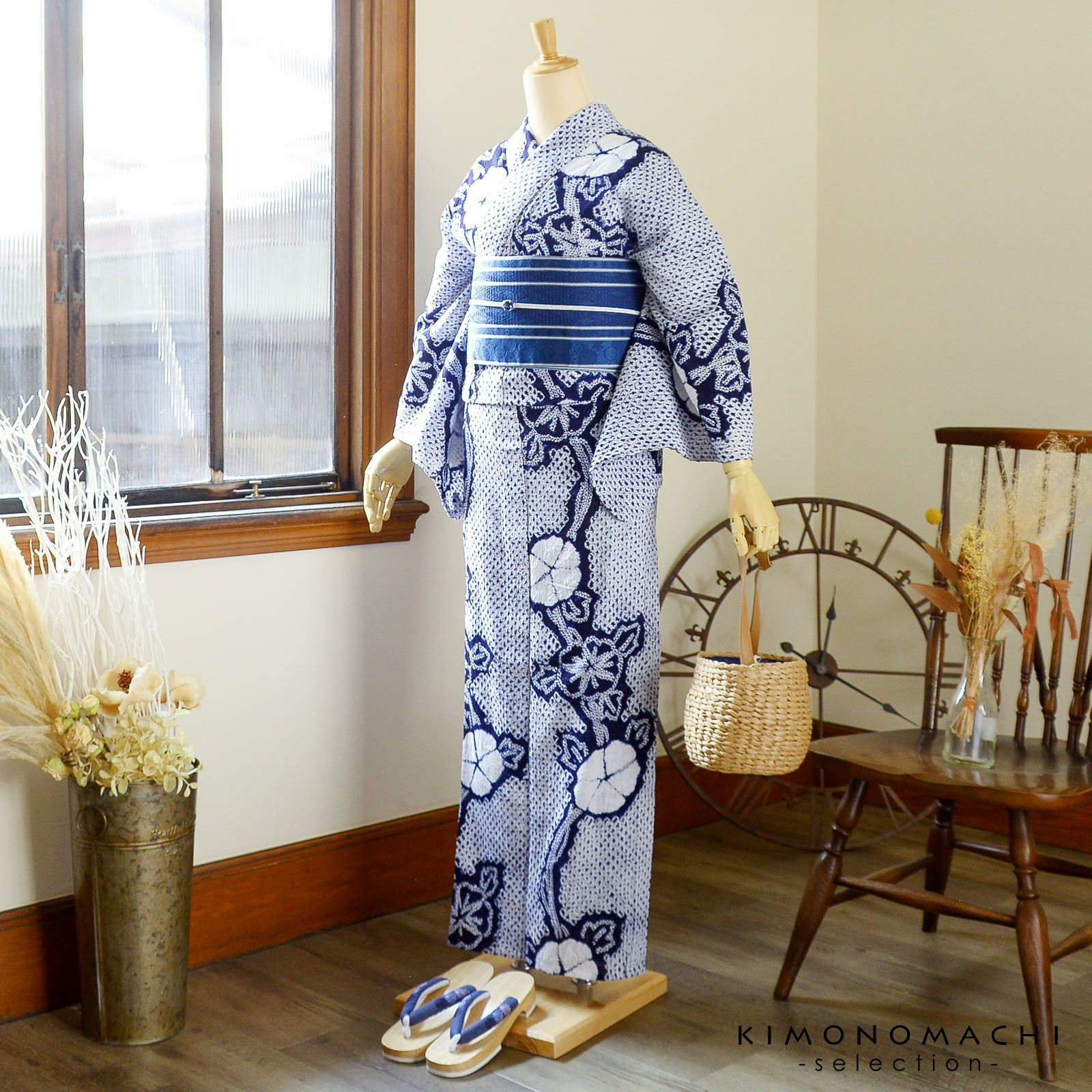 お仕立て上がり絞り浴衣単品 花しぼり「有松三浦 朝顔 濃紺」有松絞り