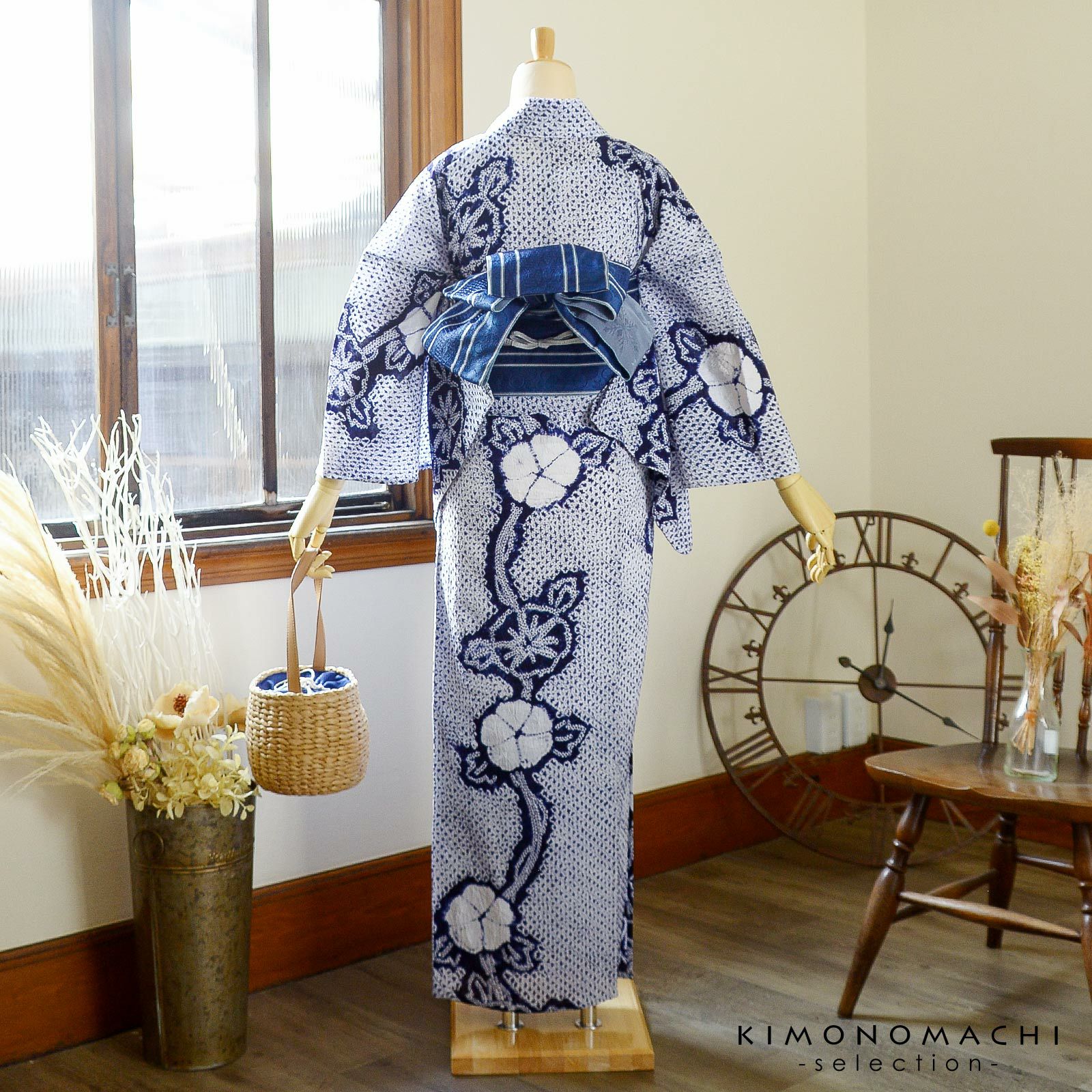 お仕立て上がり絞り浴衣単品 花しぼり「有松三浦 朝顔 濃紺」有松絞り