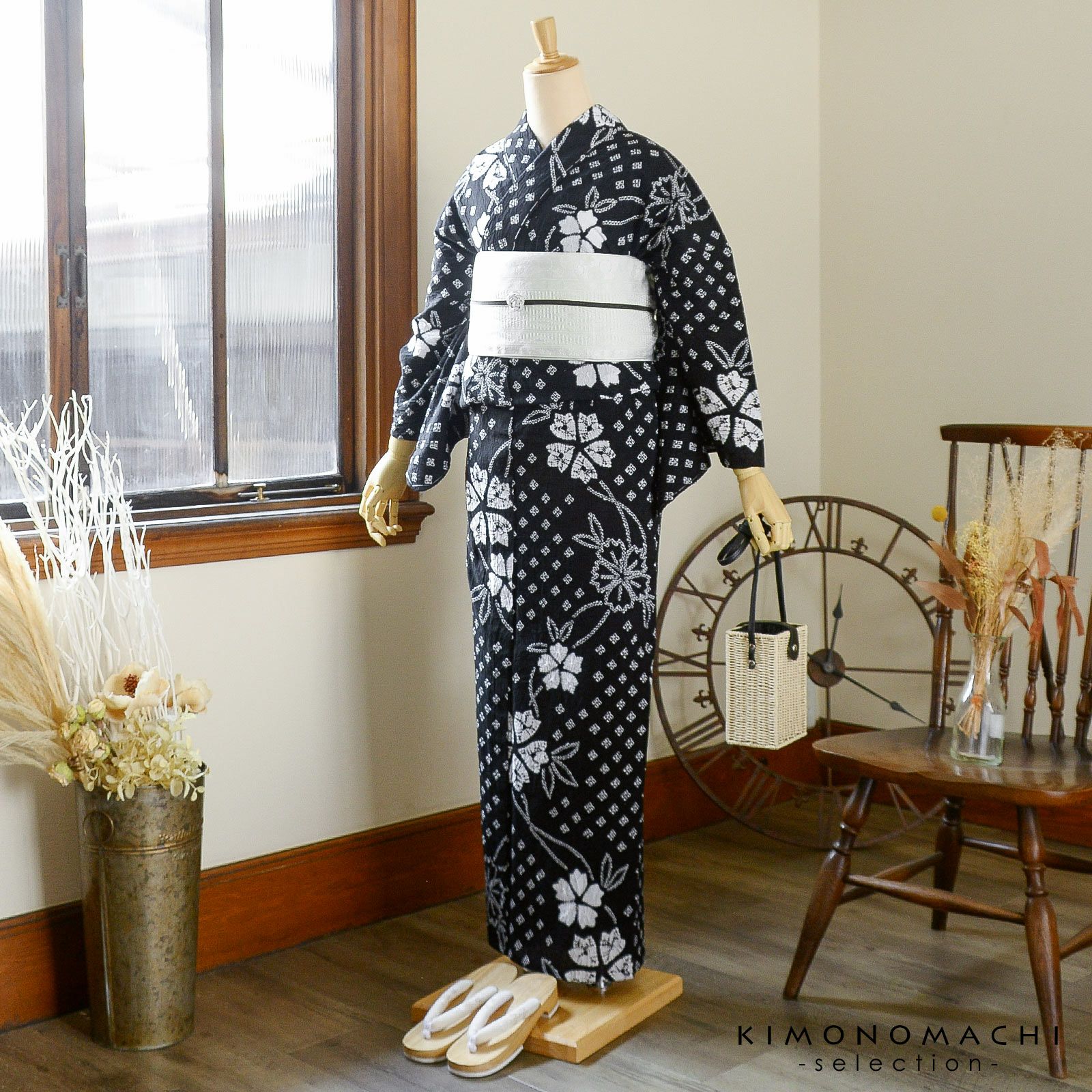 お仕立て上がり絞り浴衣単品 花しぼり「新鮮、お花 黒」有松絞り 女性