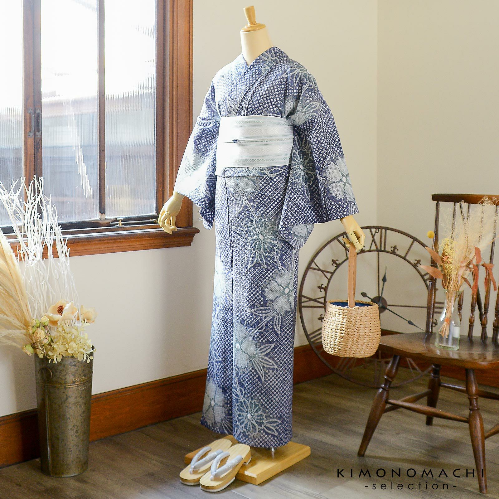 お仕立て上がり絞り浴衣単品 花しぼり「薫風 深縹×灰色」有松絞り 女性