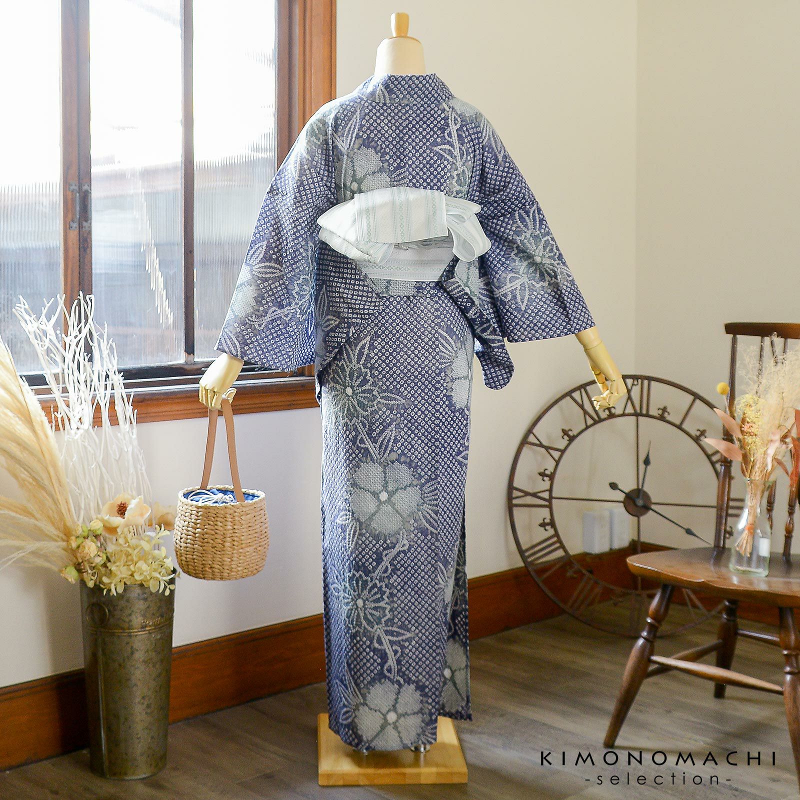 お仕立て上がり絞り浴衣単品 花しぼり「薫風 深縹×灰色」有松絞り 女性