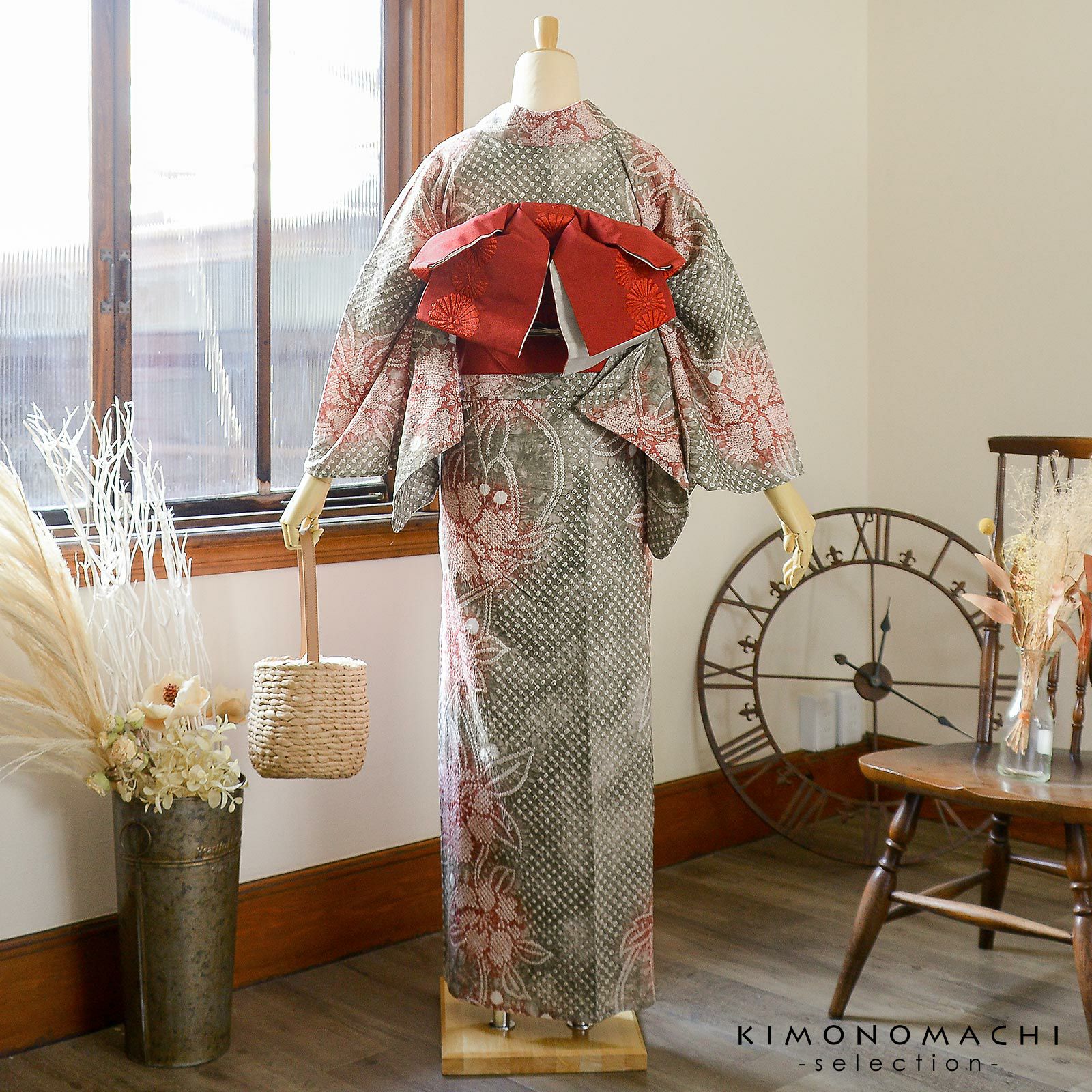 お仕立て上がり絞り浴衣単品 花しぼり「薫風 利休色×赤」有松絞り 女性