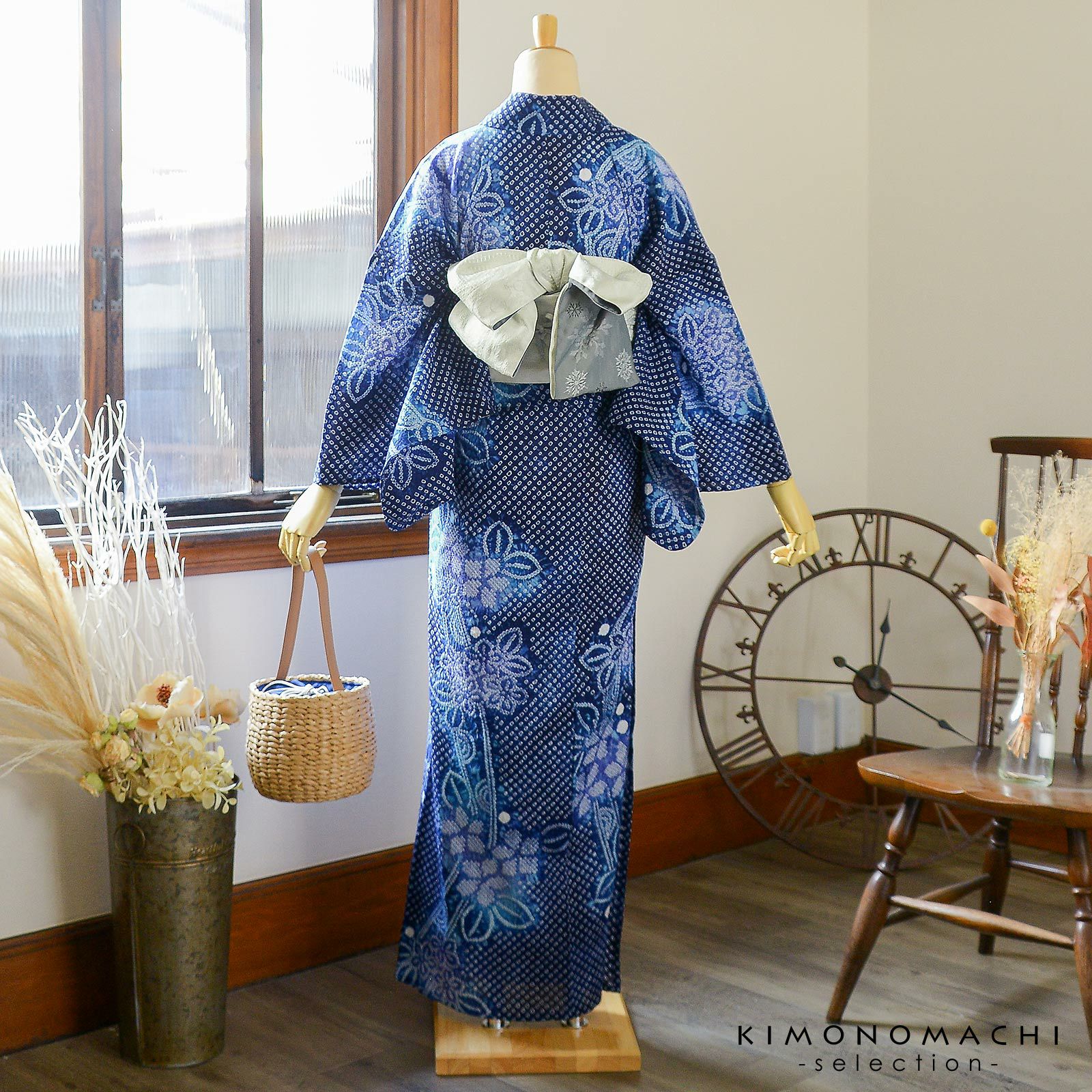 お仕立て上がり絞り浴衣単品 花しぼり「宵の風 紺×紫」有松絞り 女性