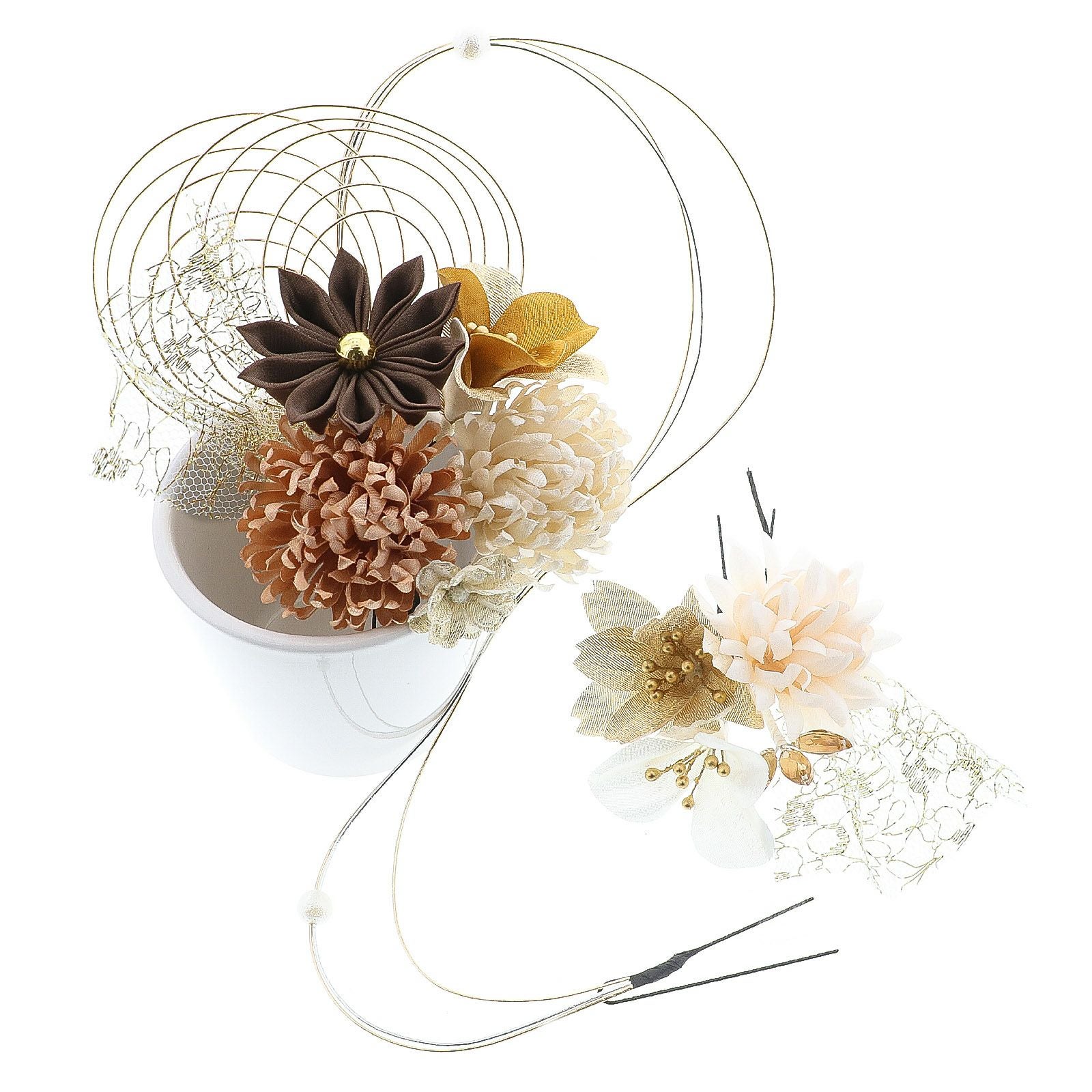 成人式 髪飾り Uピンの5点セット「グレーベージュ 菊と八重桜、水引