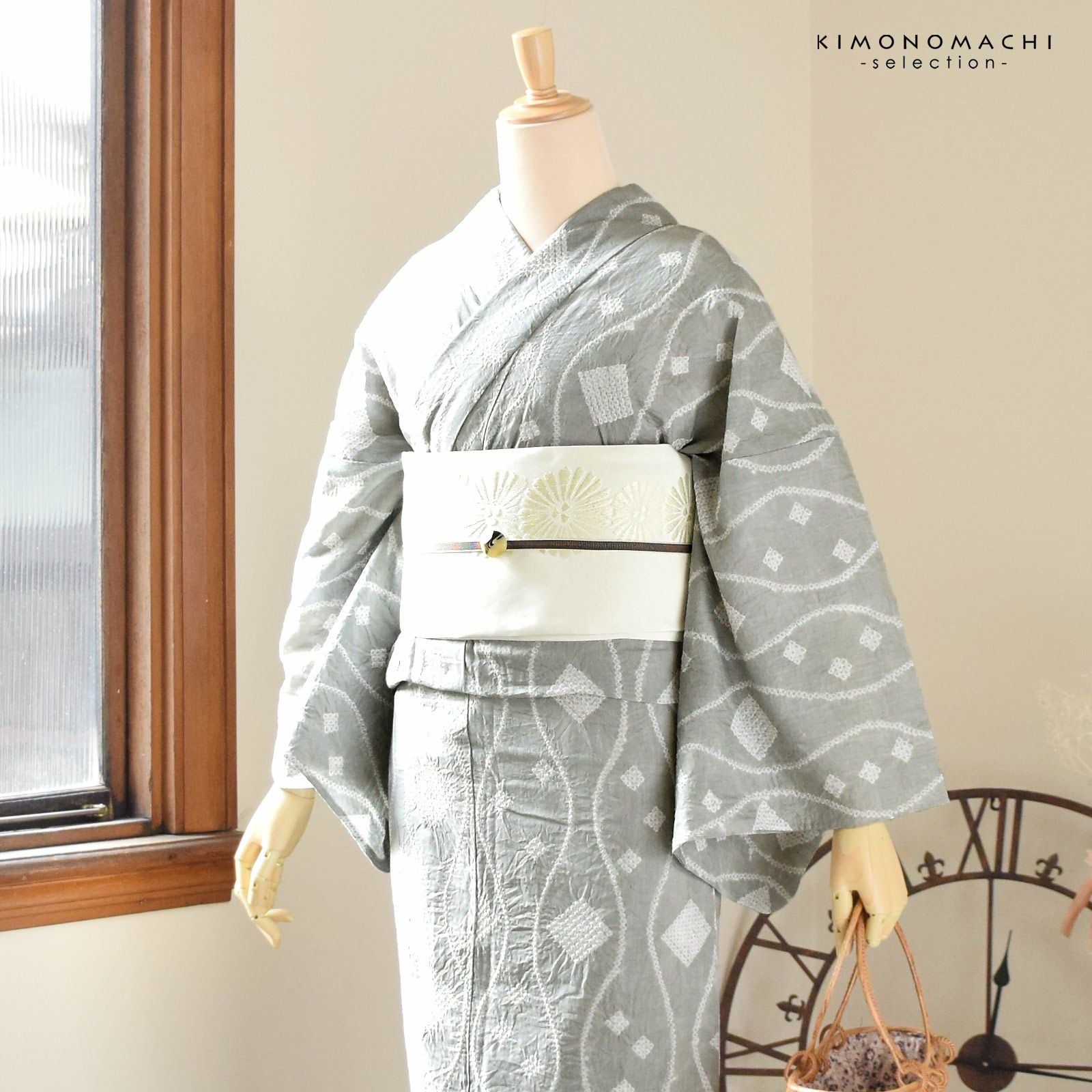 訳アリ/B品】お仕立て上がり絞り浴衣単品「たてわくモダン グレー