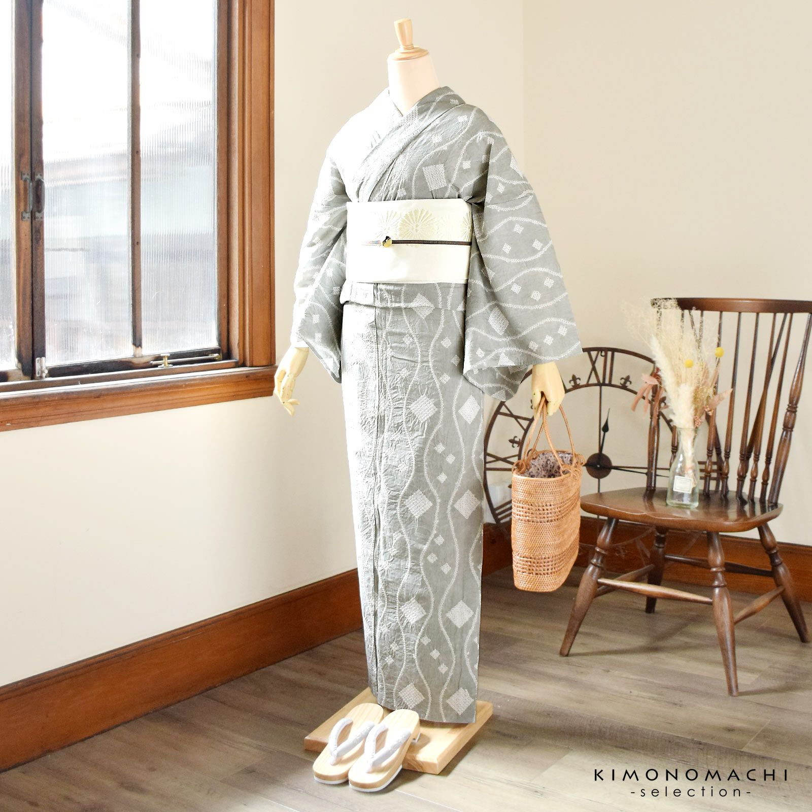 訳アリ/B品】お仕立て上がり絞り浴衣単品「たてわくモダン グレー