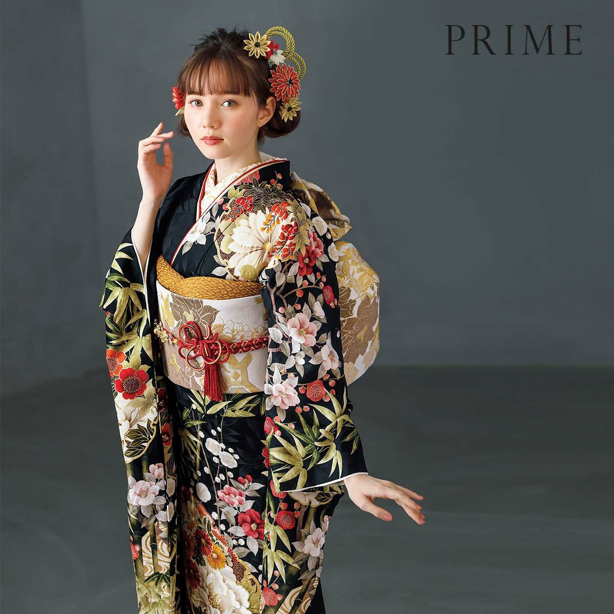 未仕立て 振袖 22点セット「PRIME 黒 雪輪に竹梅椿」仮絵羽 振り袖