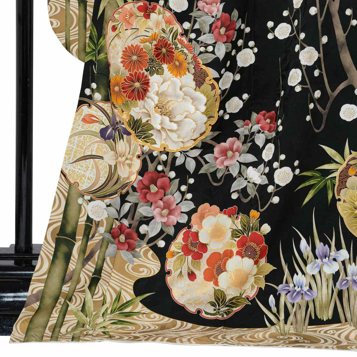 未仕立て 振袖 22点セット「PRIME 黒 雪輪に竹梅椿」仮絵羽 振り袖