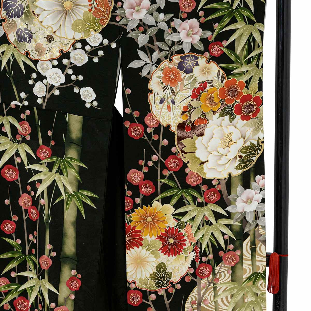 未仕立て 振袖 22点セット「PRIME 黒 雪輪に竹梅椿」仮絵羽 振り袖