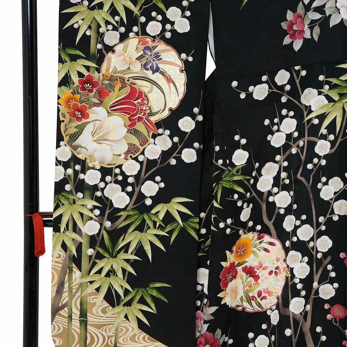 未仕立て 振袖 22点セット「PRIME 黒 雪輪に竹梅椿」仮絵羽 振り袖