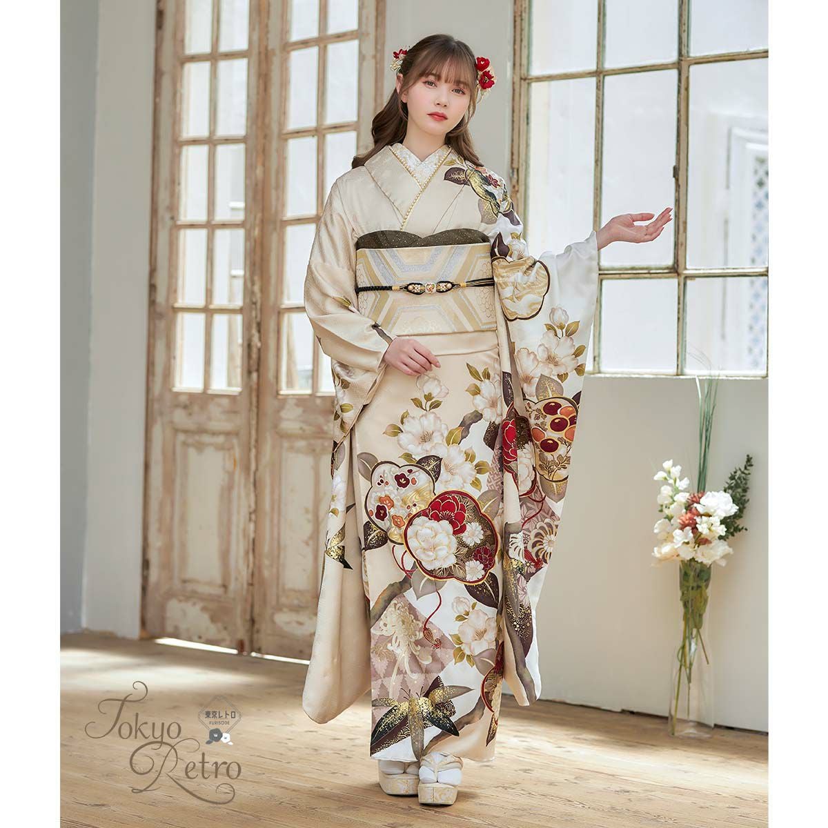 お*様 正絹 振袖 金駒 桜 花 未仕立て品 仮絵羽 未仕立て 振袖 単品 「ピンク 松に桜、花籠」 仮絵羽 振り袖 正絹 着物