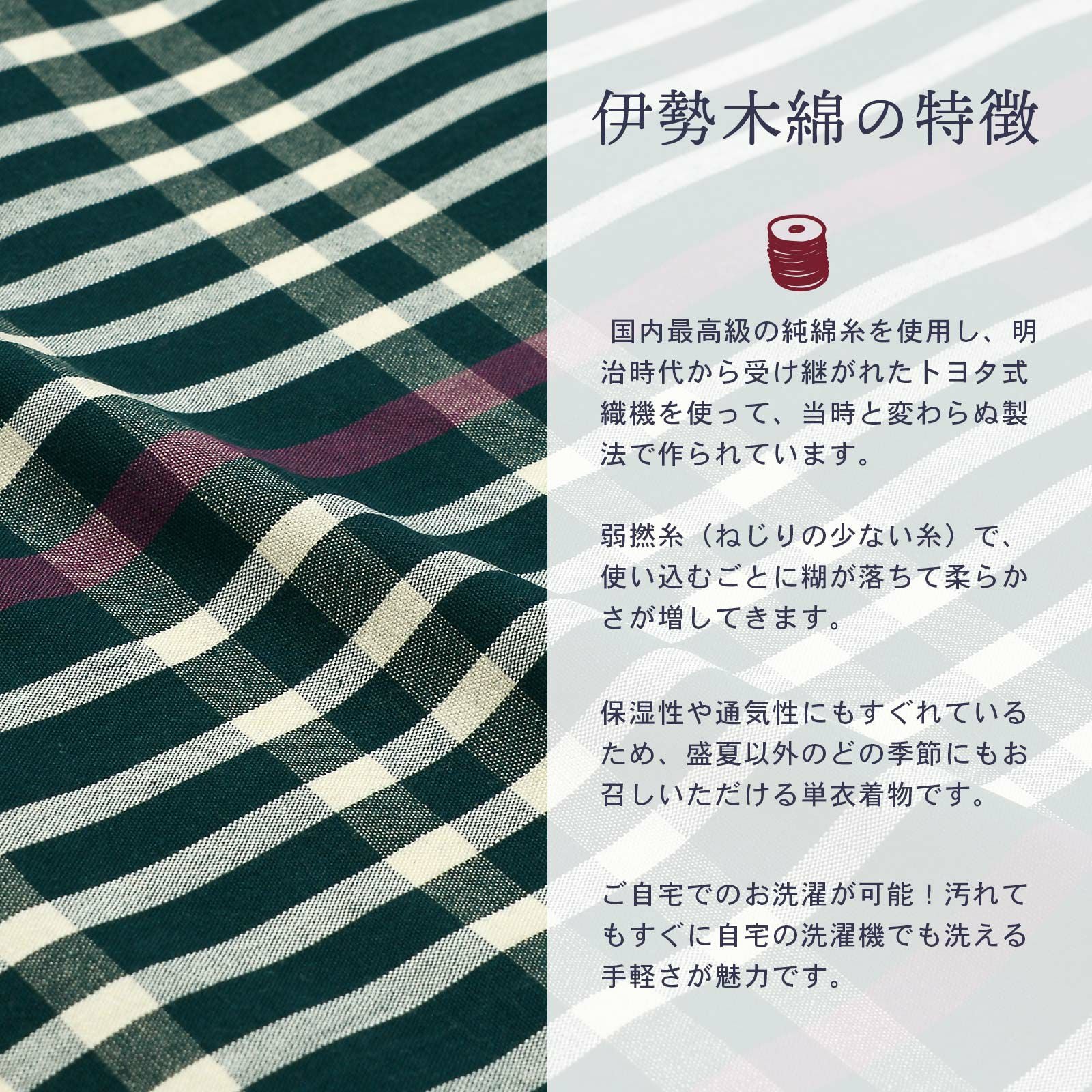 伊勢木綿 洗える着物 反物 レディース「長格子 深緑色地 紫×白」未