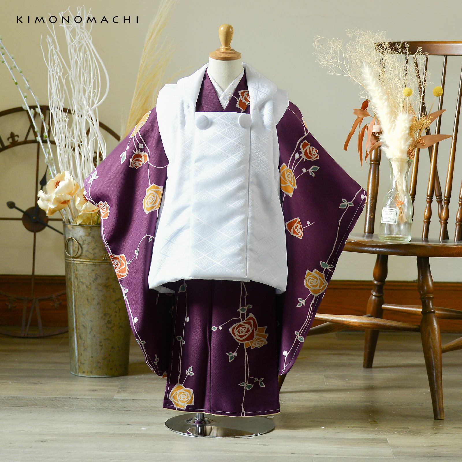 七五三 3歳 着物 単品「ばら 紫色」子供着物 三才のお祝い着 3才向け