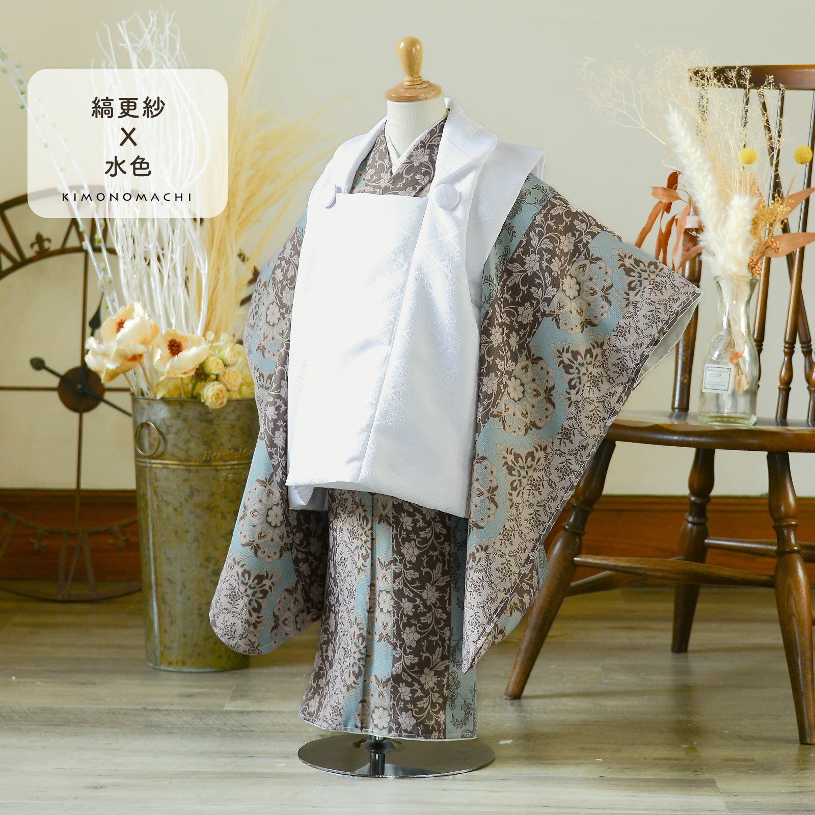 七五三 3歳 着物 単品「縞更紗 水色」子供着物 三才のお祝い着 3才向け