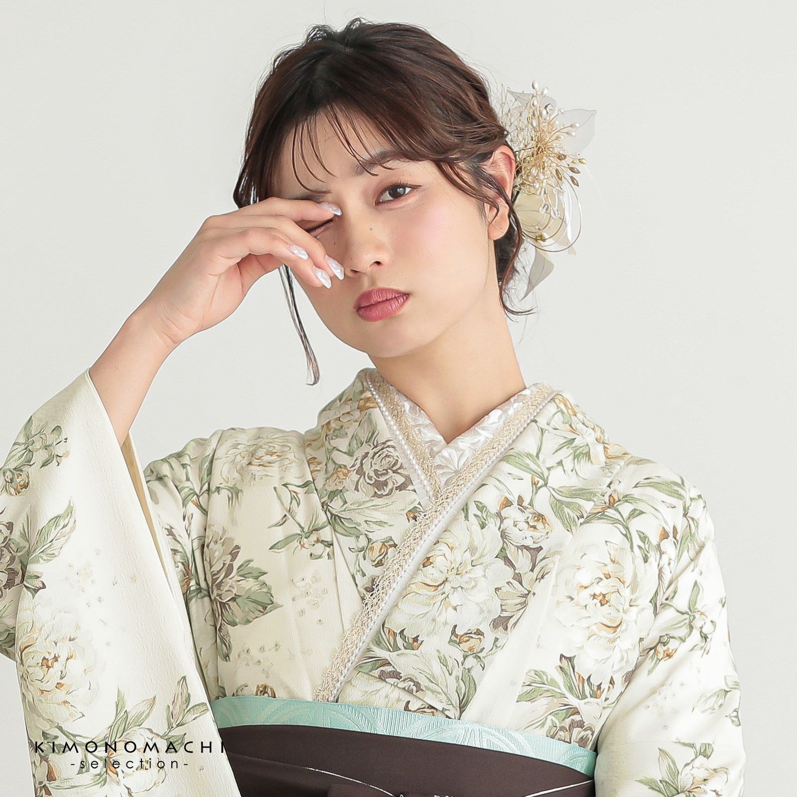 刺繍 半衿 単品 silelly シルエリー「ローズ オフホワイト、銀刺繍
