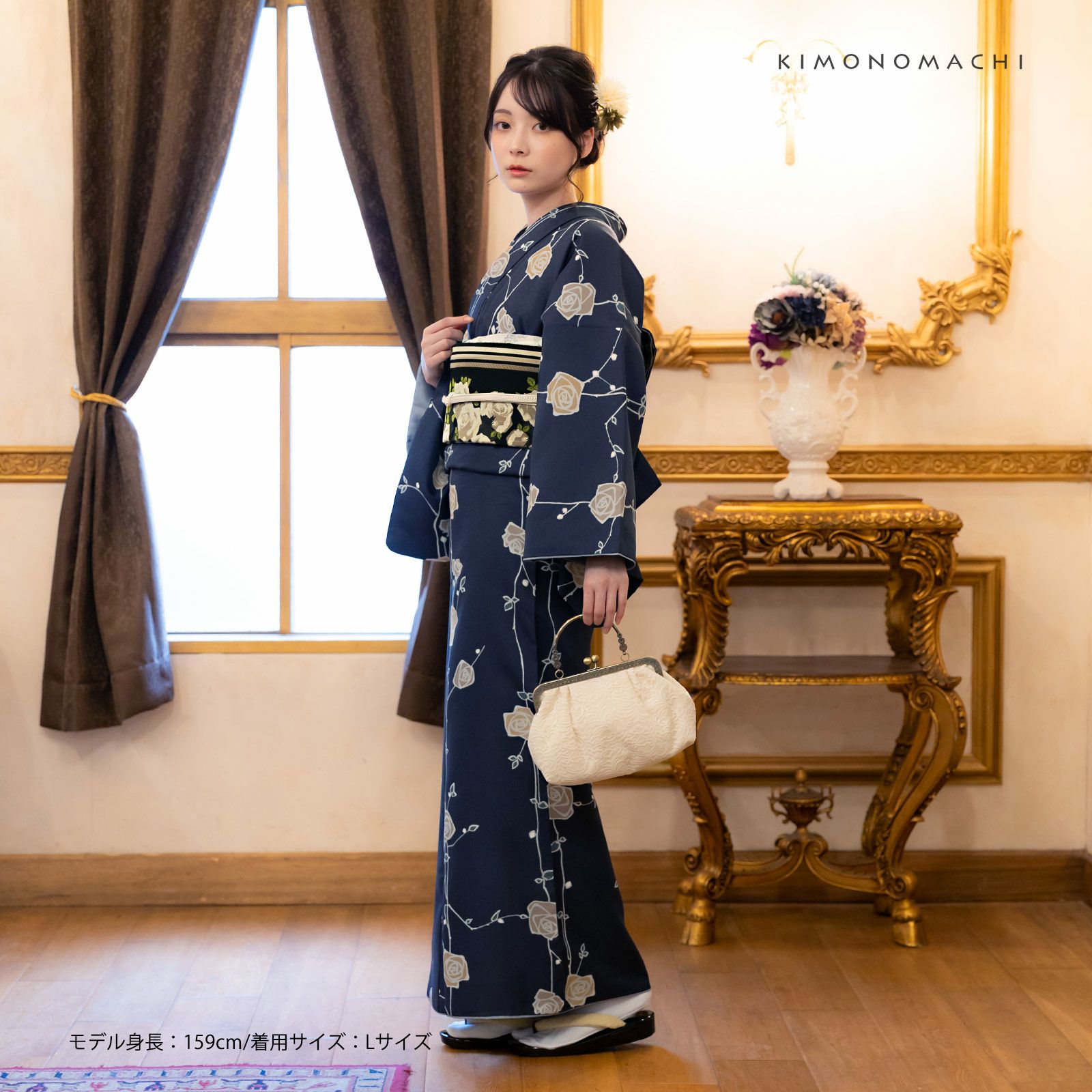 洗える着物 セット「袷着物：ばら 墨紺色＋京袋帯：黒 アンティーク