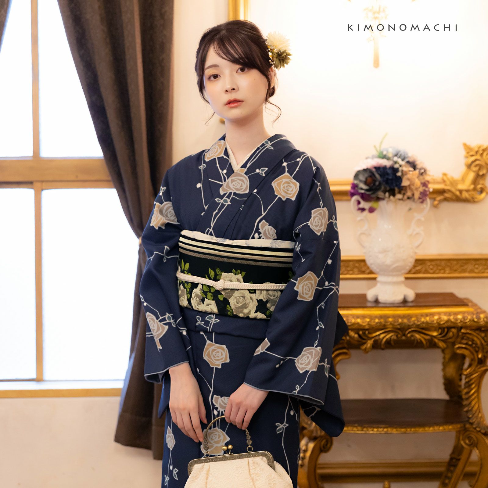 洗える着物 セット「袷着物：ばら 墨紺色＋京袋帯：黒 アンティーク