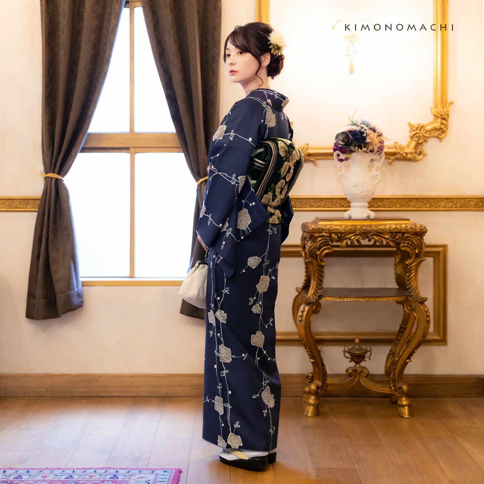 洗える着物 セット「袷着物：ばら 墨紺色＋京袋帯：黒 アンティーク