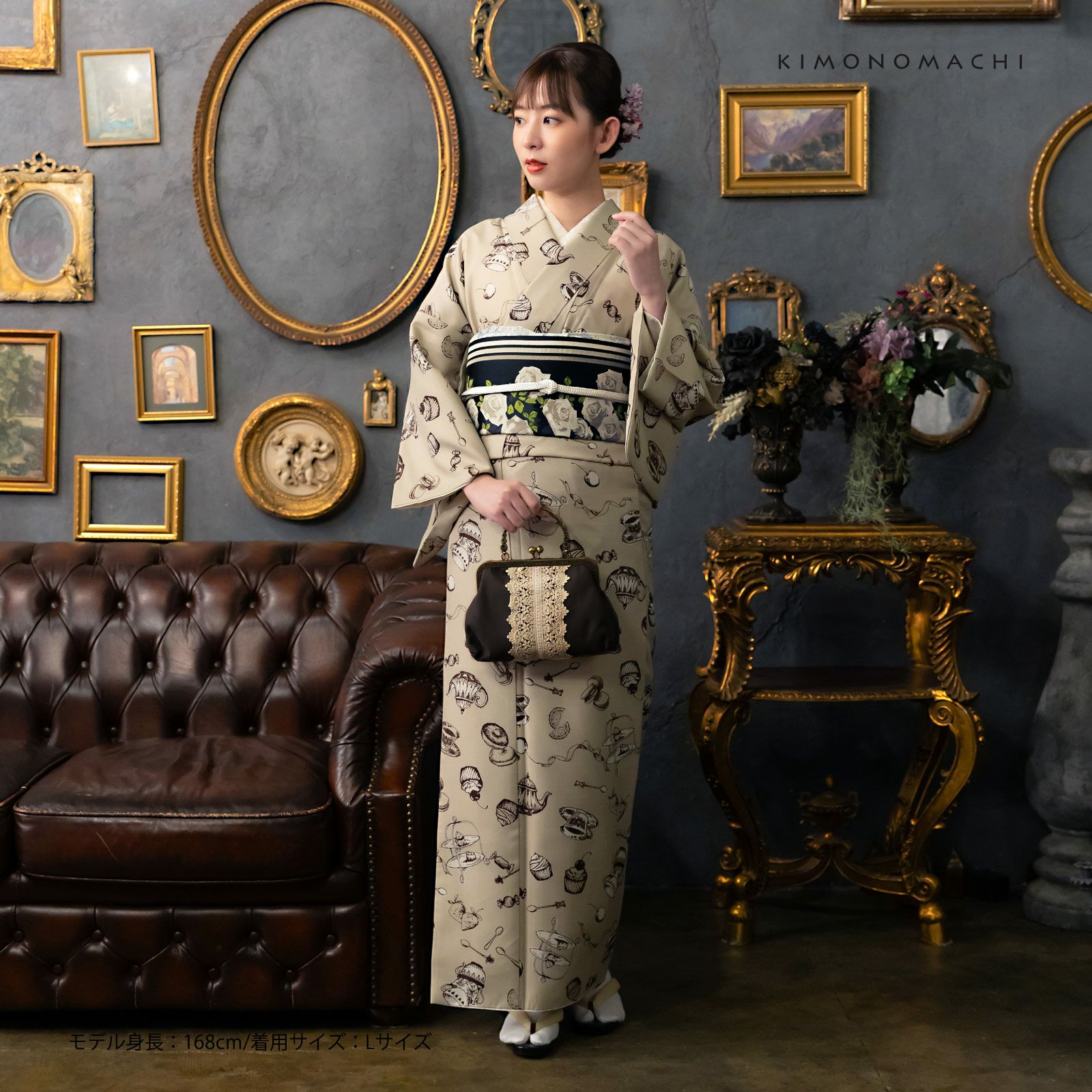洗える着物 セット「袷着物：アフタヌーンティー ベージュ＋京袋帯：黒