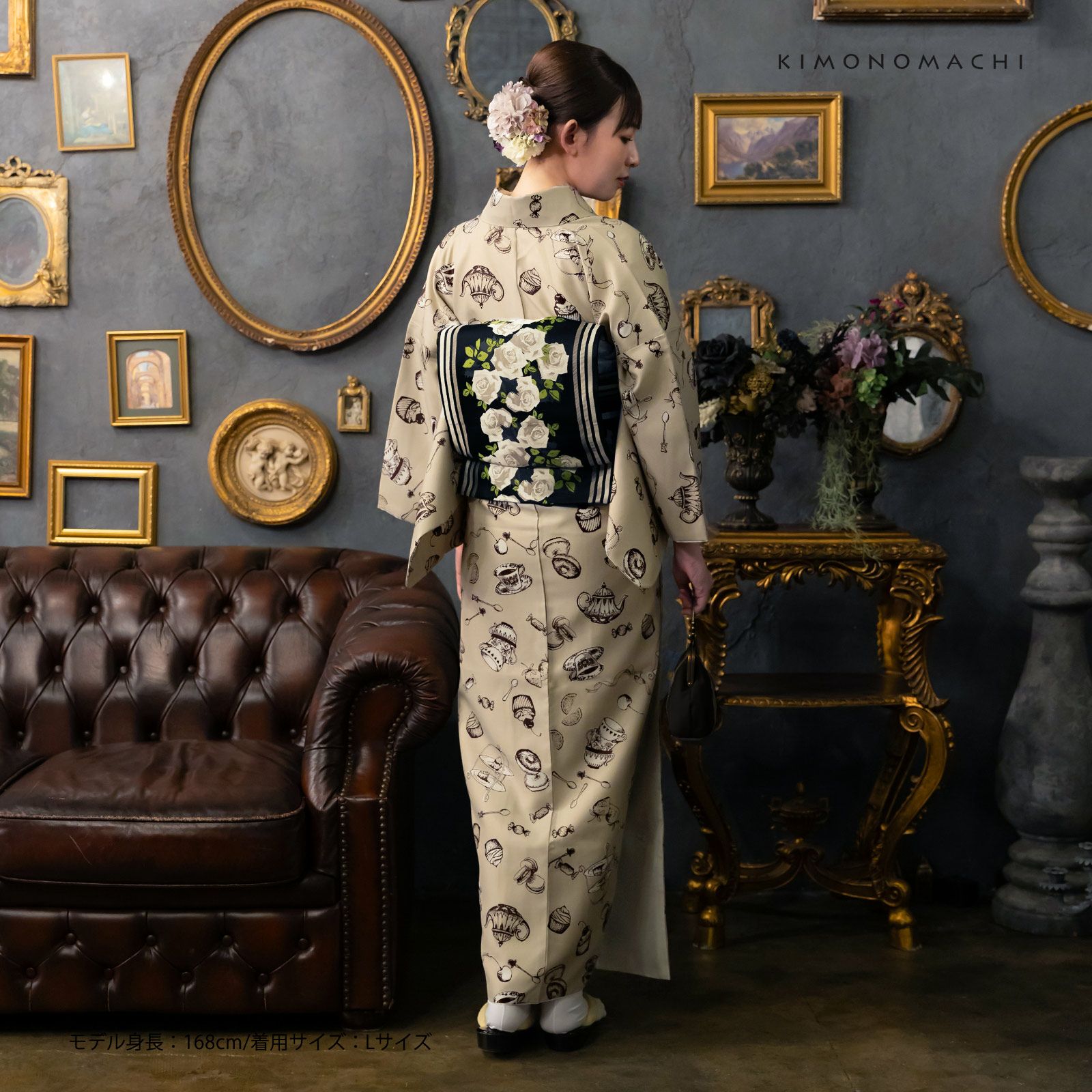 洗える着物 セット「袷着物：アフタヌーンティー ベージュ＋京袋帯：黒