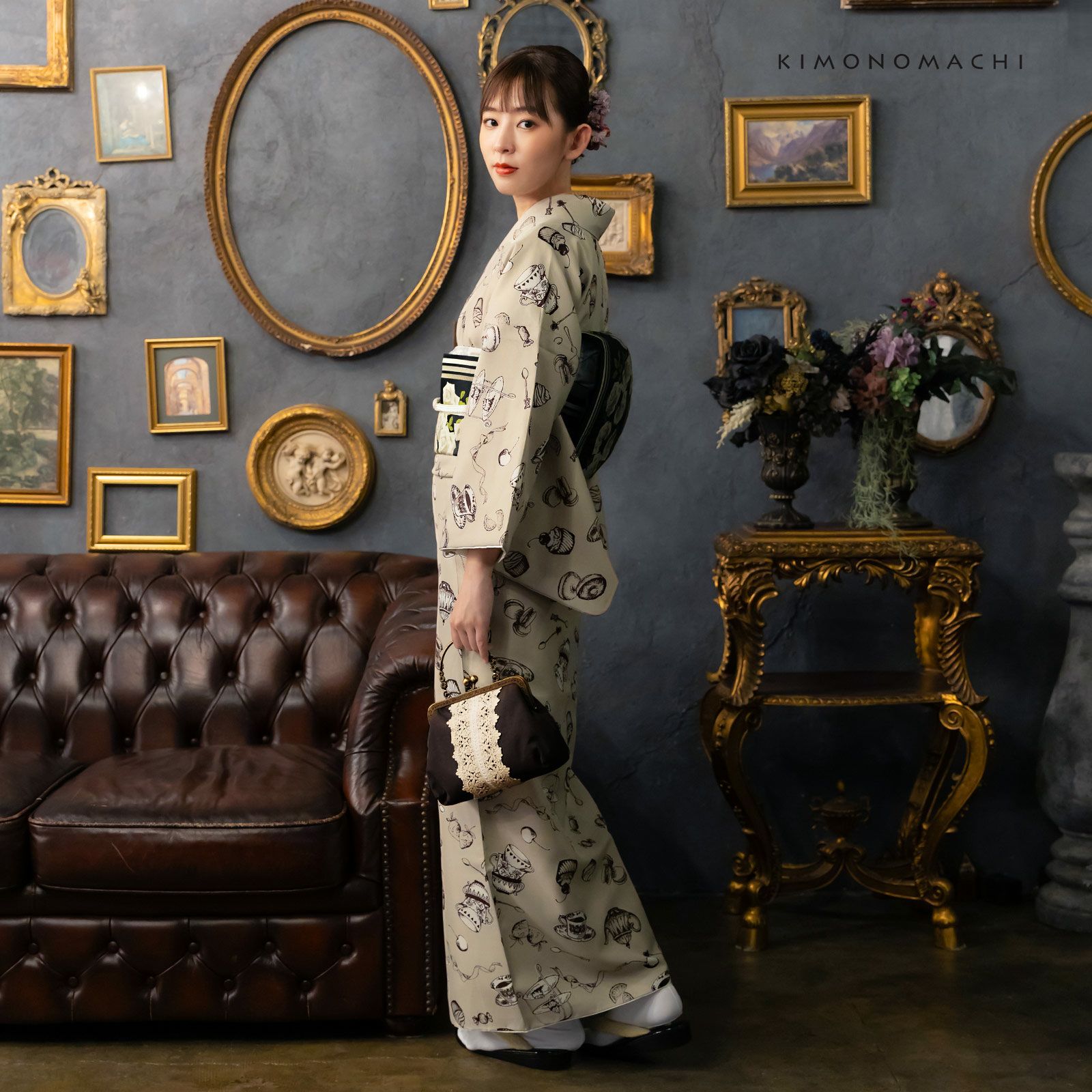 洗える着物 セット「袷着物：アフタヌーンティー ベージュ＋京袋帯：黒